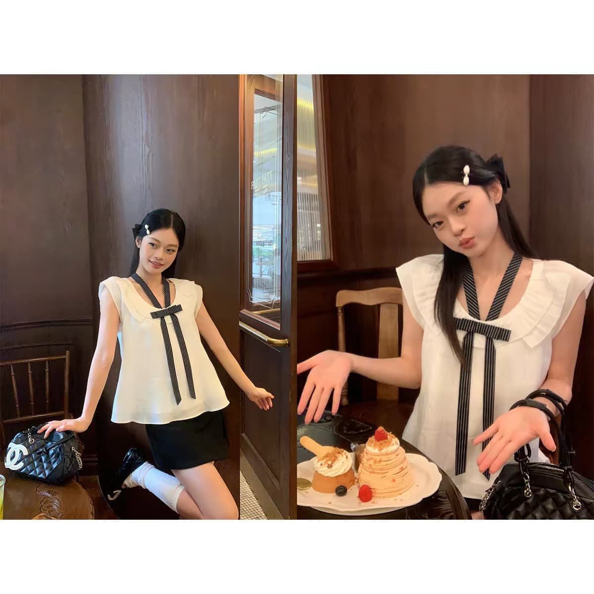 송 긍정적 인 En 화이트 나비 매듭 반팔 여성 셔츠 여름 새로운 한 부서 디자인 루즈핏 작은 날다 소매 맨위 셔츠 상세 이미지 2