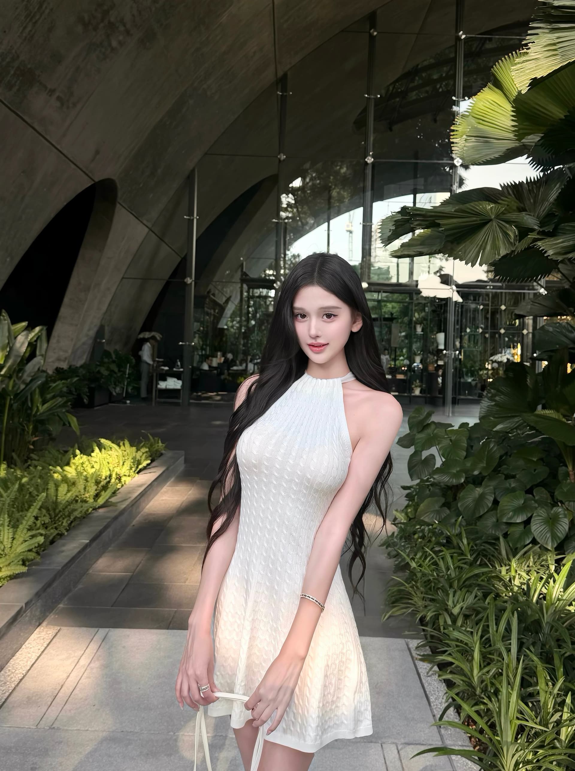한 비 지아 화이트 행침 목 레이스업 꽈배기 허리 수축 여성 드레스 여름 민소매 새는 어깨 슬림해 보이는 우산 진자 한 마디 치마 이미지 2