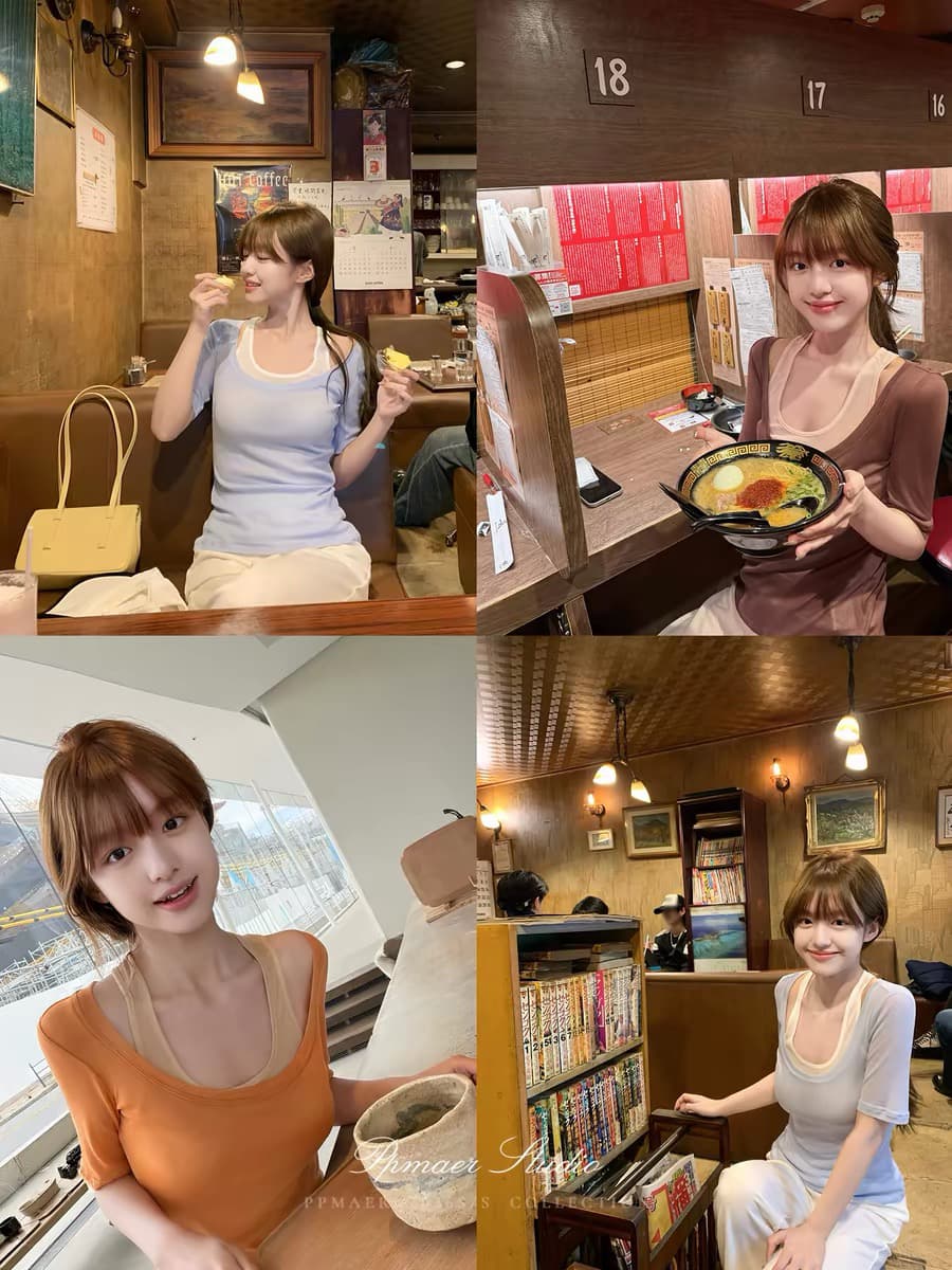 ppmaer 재미있는 소녀 주간 실크 라이 경기 서울 대 u 칼라 반소매 티셔츠 여성 품격 몸매 가꾸기 맨위 상세 이미지 1