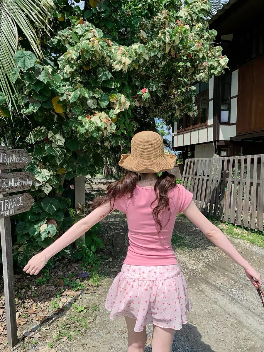 ptonumi 푸켓 정원 핑크색 꽃무늬 반신 스커트 여성 여름 루즈핏 A라인 스커트 다용도 슬림해 보이는 짧은 치마 상세 이미지 2