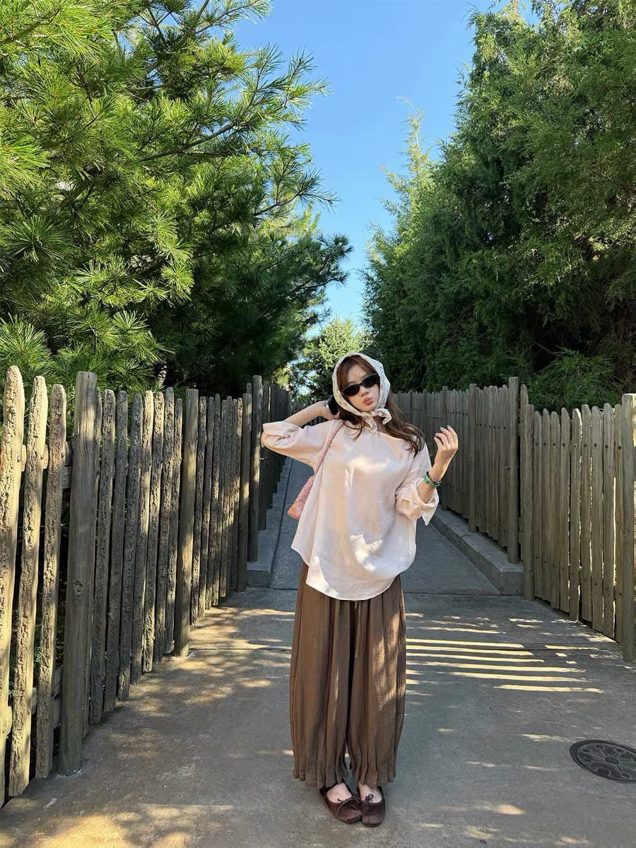 im ~까지 고대 나무 얕은 시리아 나무 껍질 질감 리넨 면화 꽃밭 바지 여성 명중 Pleat 루즈핏 슬림해 보이는 캐주얼 9부 바지 이미지 4