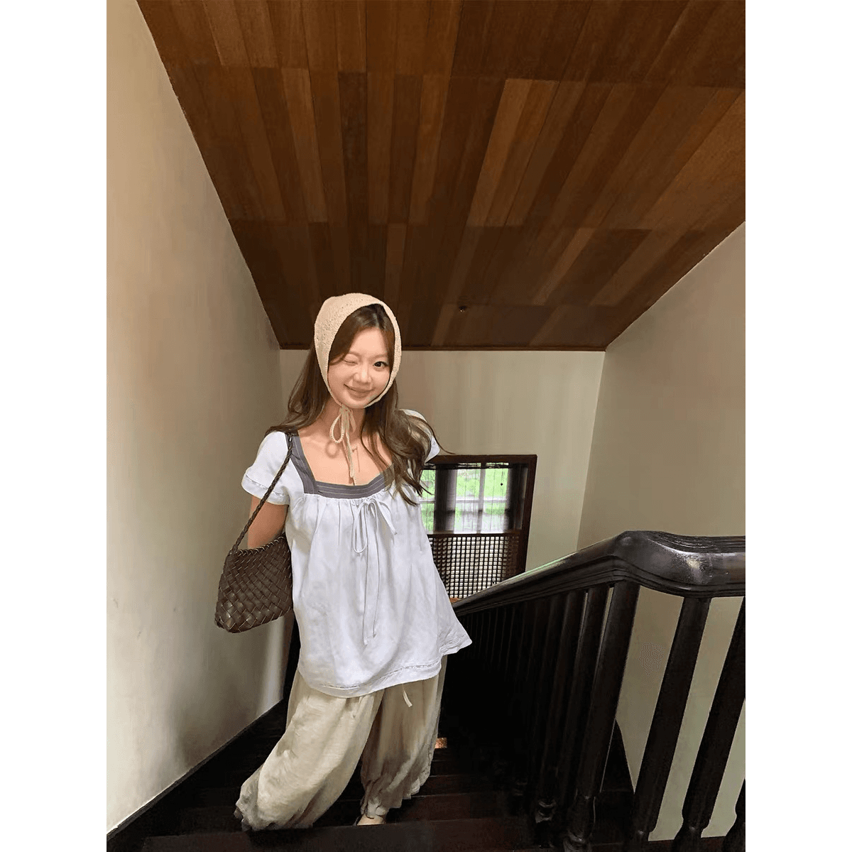 im ~까지 고대 나무 얕은 시리아 나무 껍질 질감 리넨 면화 꽃밭 바지 여성 명중 Pleat 루즈핏 슬림해 보이는 캐주얼 9부 바지 이미지 5
