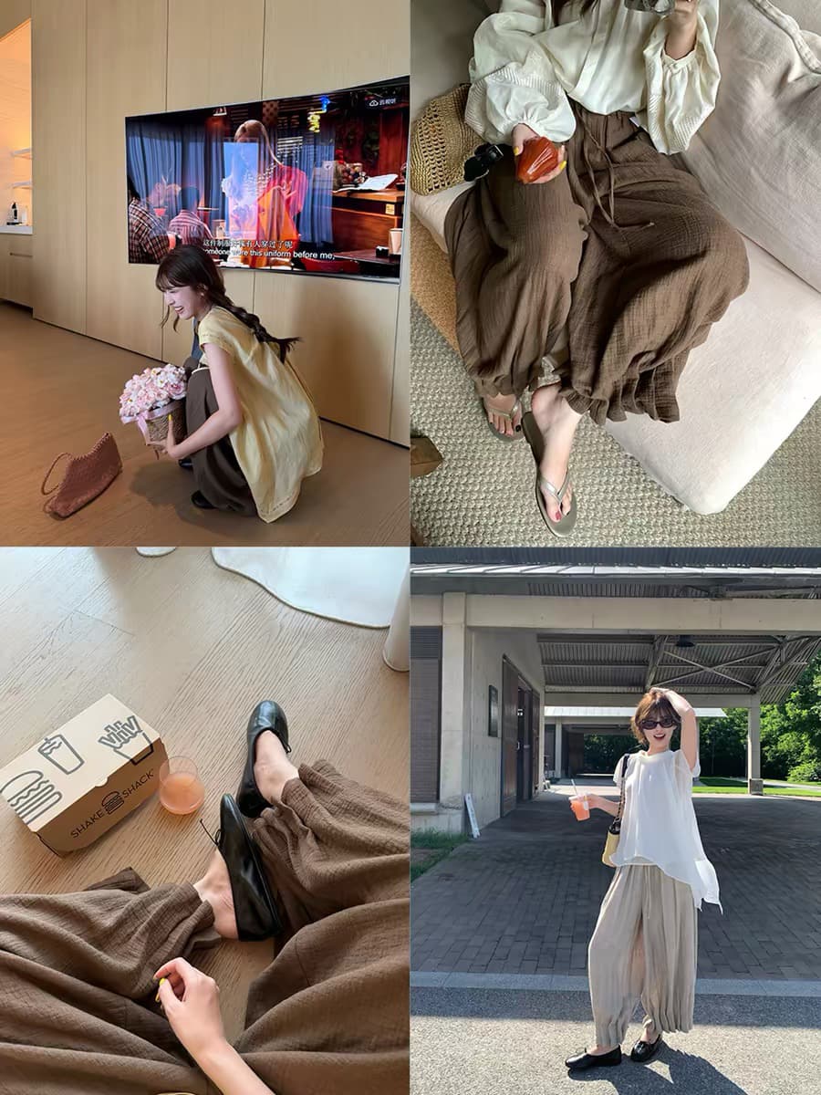 im ~까지 고대 나무 얕은 시리아 나무 껍질 질감 리넨 면화 꽃밭 바지 여성 명중 Pleat 루즈핏 슬림해 보이는 캐주얼 9부 바지 상세 이미지 2