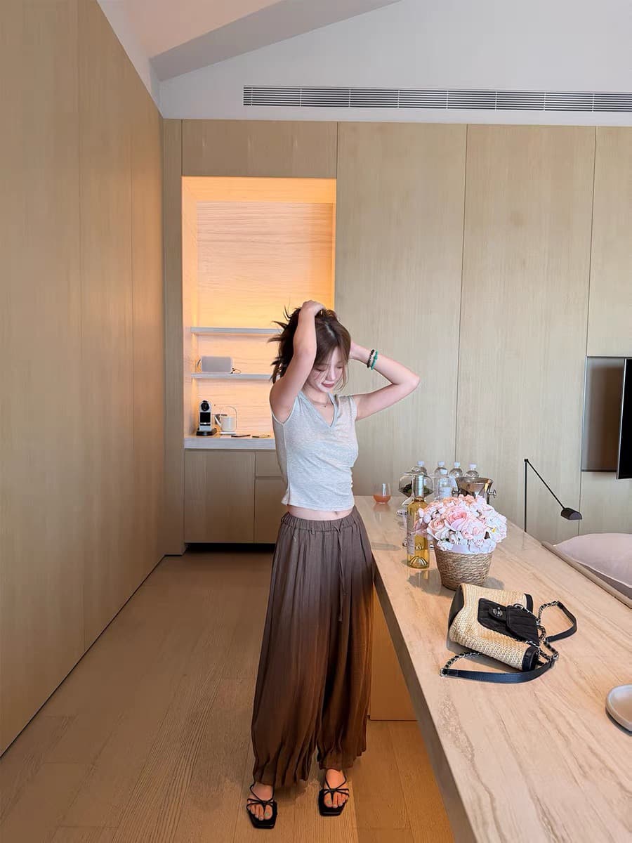 im ~까지 고대 나무 얕은 시리아 나무 껍질 질감 리넨 면화 꽃밭 바지 여성 명중 Pleat 루즈핏 슬림해 보이는 캐주얼 9부 바지 상세 이미지 3