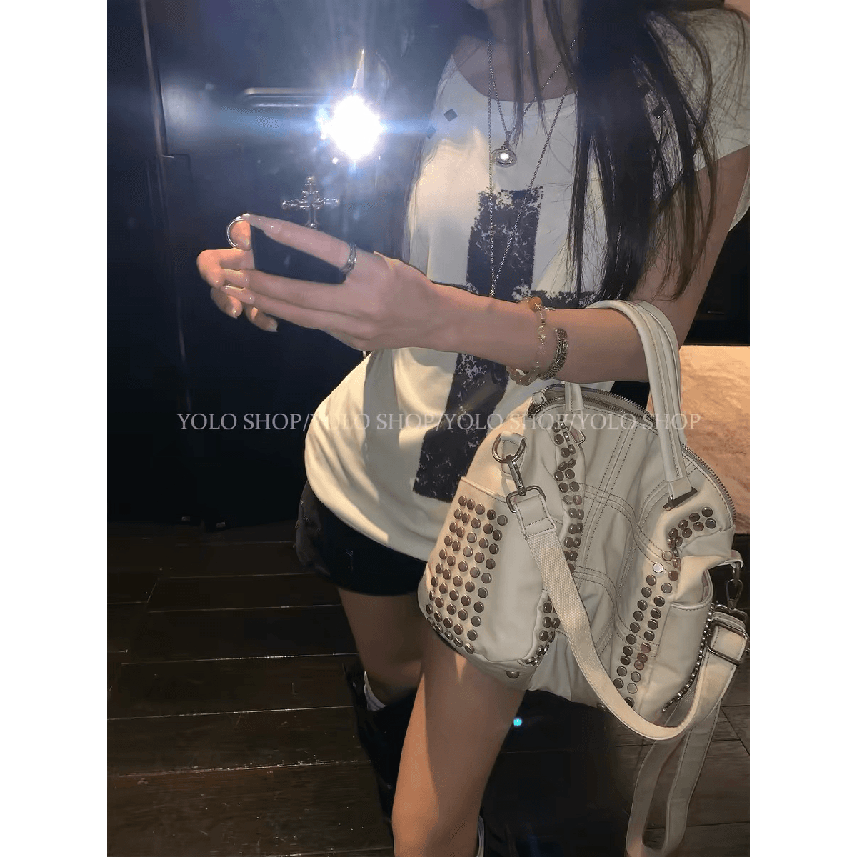 yolo shop 십자가 게이머 무거운 작업 핫픽스 인쇄 플라워 인서트 어깨 소매 티셔츠 여성 여름 라운드 넥 반팔 맨위 이미지 5