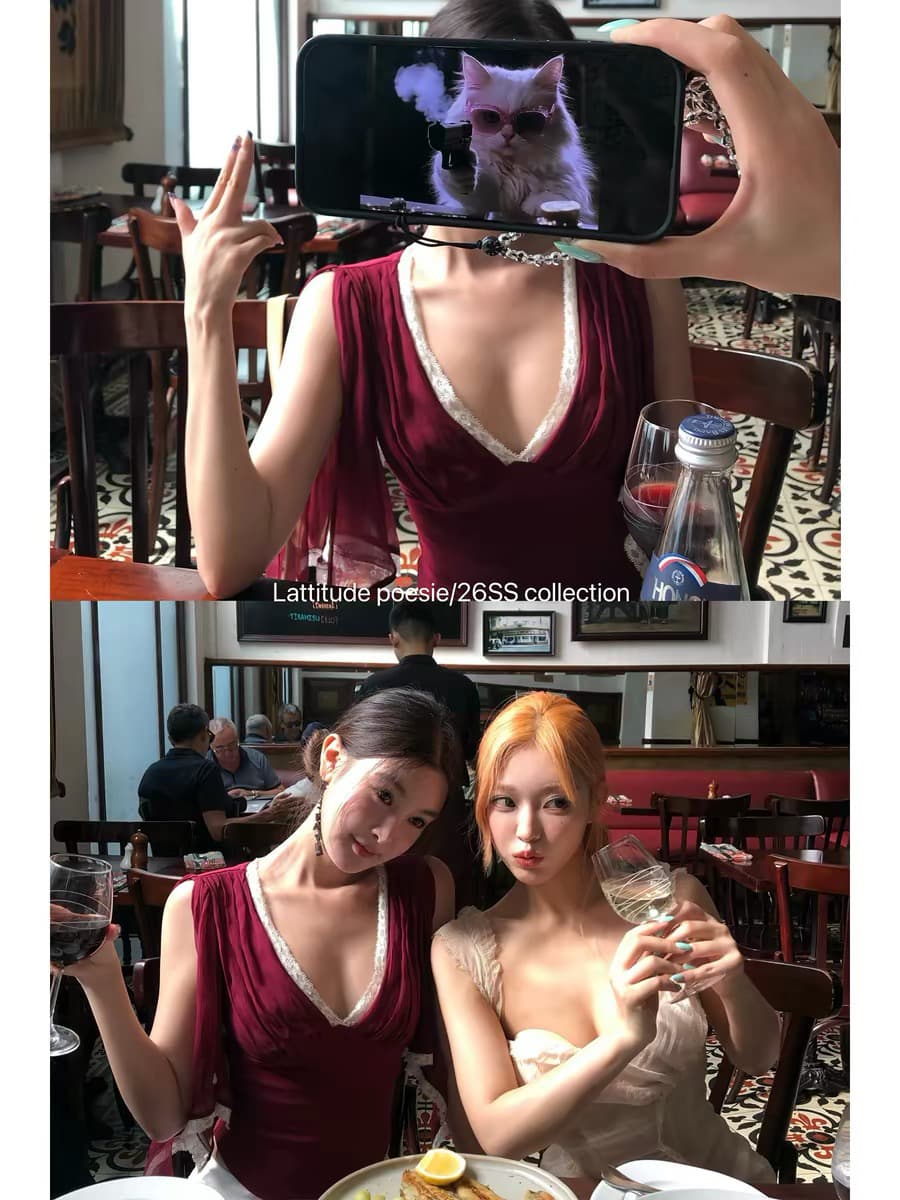 lattitude 양 작은 왜가리 100 명 실크 어깨 소매 리본 세트 염색 매화 색상 아세트산 니트 깊은 V 넥 맨위 이미지 2