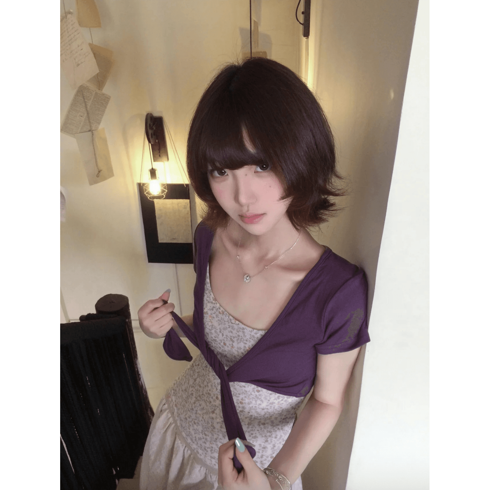 besober 보라색 bm 바람 한 부서 스트랩 블라우스 오픈 가디건 꽃무늬 슬립 두 조각 여성 세트 티셔츠 반팔 맨위 여름 이미지 5