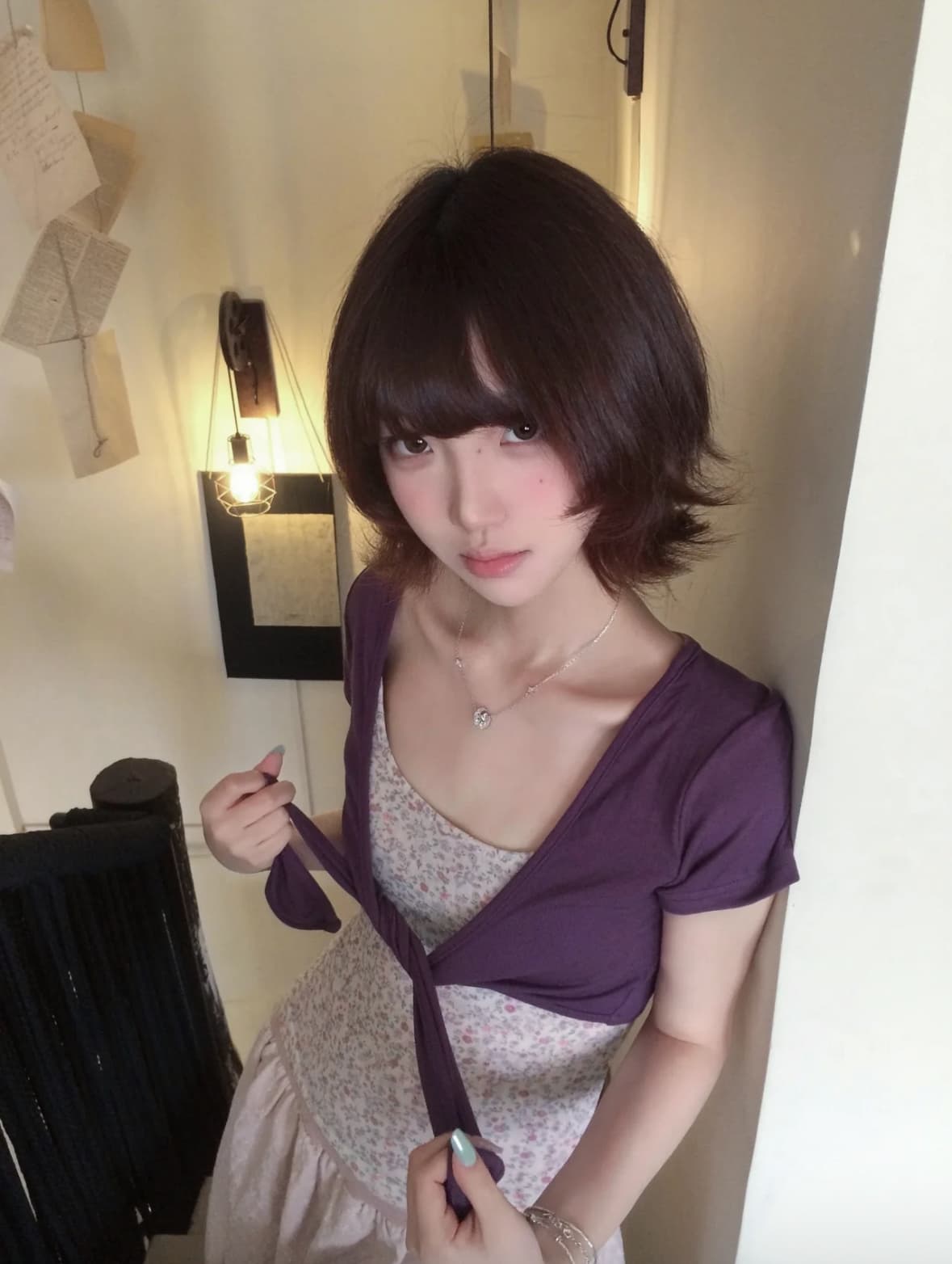 besober 보라색 bm 바람 한 부서 스트랩 블라우스 오픈 가디건 꽃무늬 슬립 두 조각 여성 세트 티셔츠 반팔 맨위 여름 상세 이미지 8