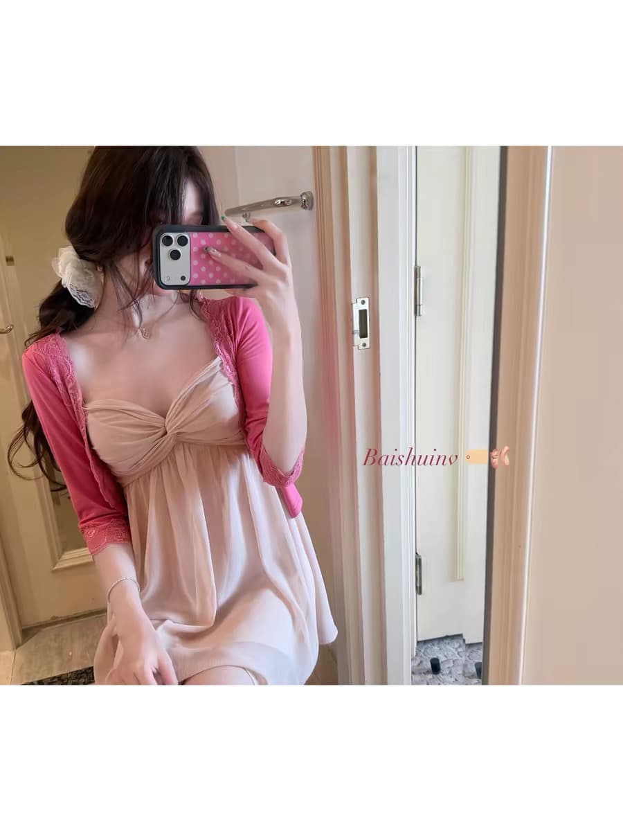 화이트 워터 여성 부드러운 자매 V넥 비틀림 쉬폰 슬립 여성 드레스 여름 프랑스식 분위기 센스 도루 센스 미니 스커트 상세 이미지 3