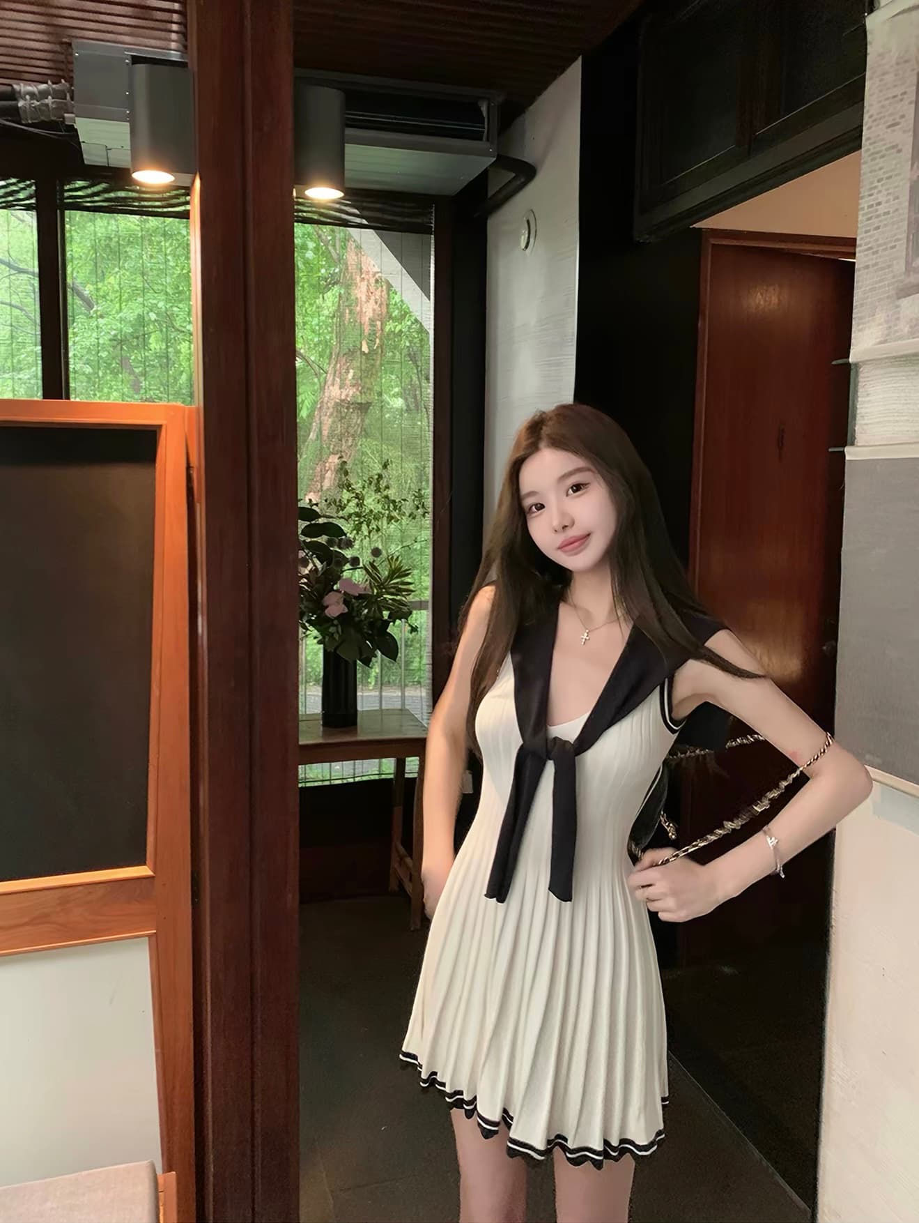 치우 고기 야오 miu 부서 사설 서비스 느슨함 한 부서 통기성 배색 숄 드레스 투피스 세트 여름 드레스