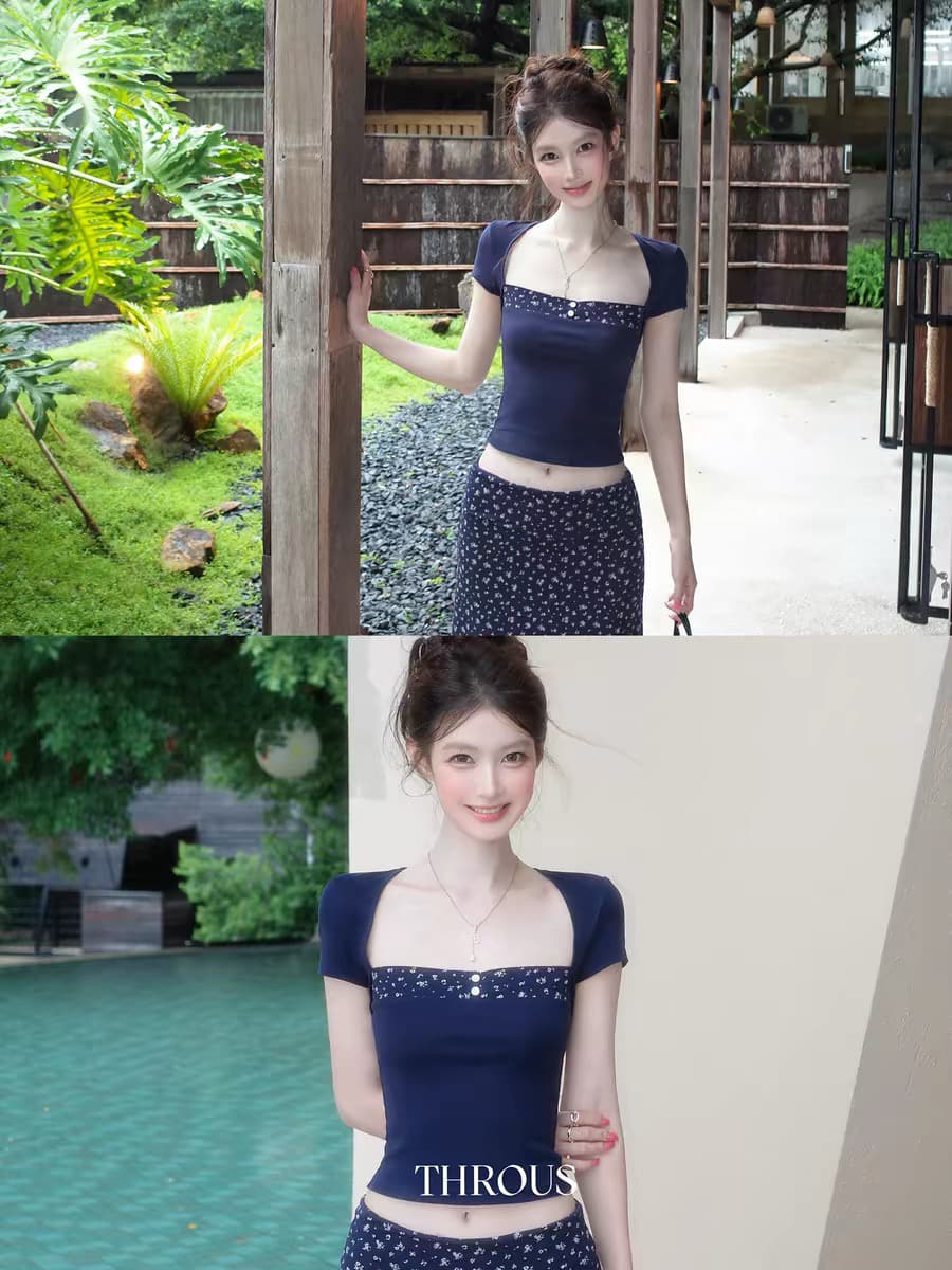 감사합니다. 아니요 고기 광장 칼라 패치워크 꽃무늬 반팔 티셔츠 여성 여름 새로운 프린트 작은 대중 Chic 몸매 가꾸기 쇼트 스타일 맨위 상세 이미지 1