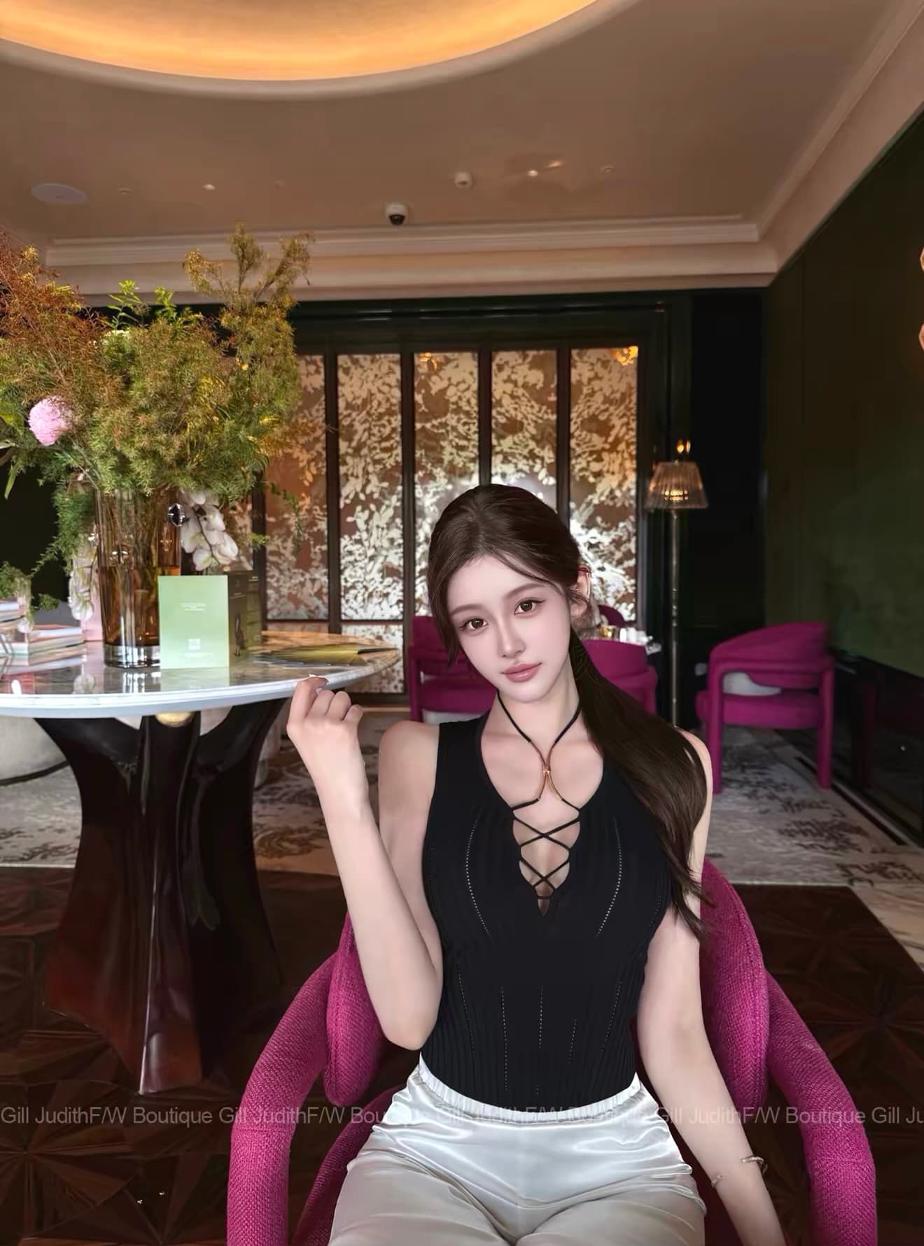 한 비 지아 c lyn b. 깊은 V 넥 십자가 행침 목 레이스업 홀로우 아웃 니트 맨위 상세 이미지 1