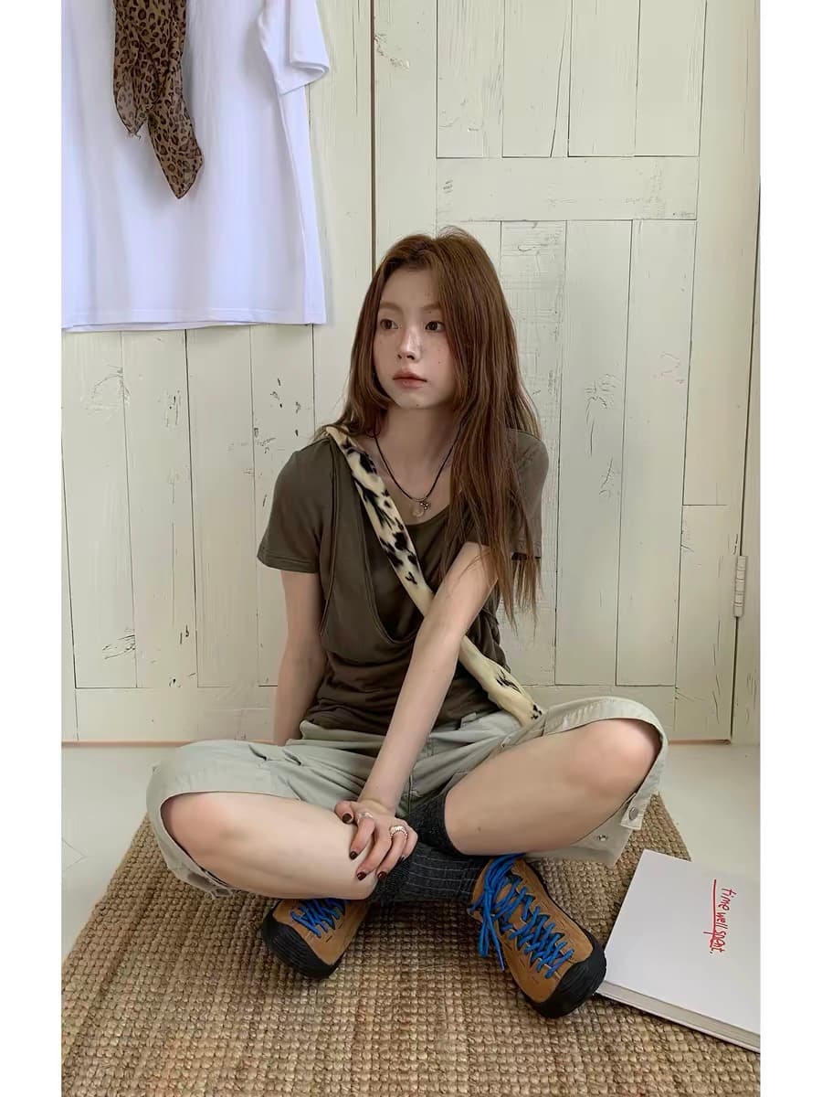 helloooeat 라이 경기 서울 면 아마 혼방 둘 색상 부드럽다 통기성 페이크 레이어드 반팔 티셔츠 맨위 이미지 4
