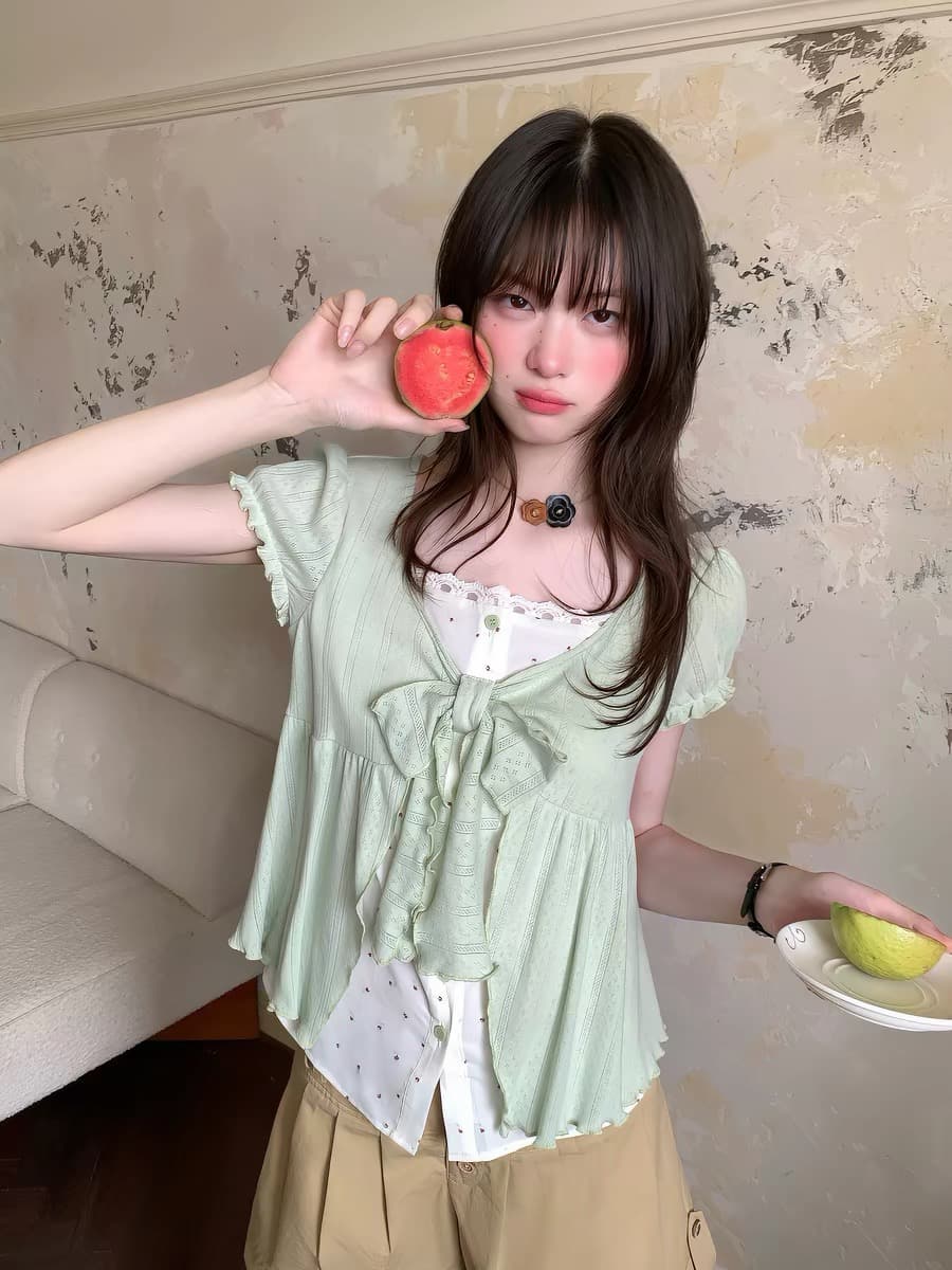 다우 시시 주간 모 콩 그린 바람 일본식 박하 녹색 페이크 레이어드 u 칼라 맨위 여름 가슴 부서 나비 매듭 세트
