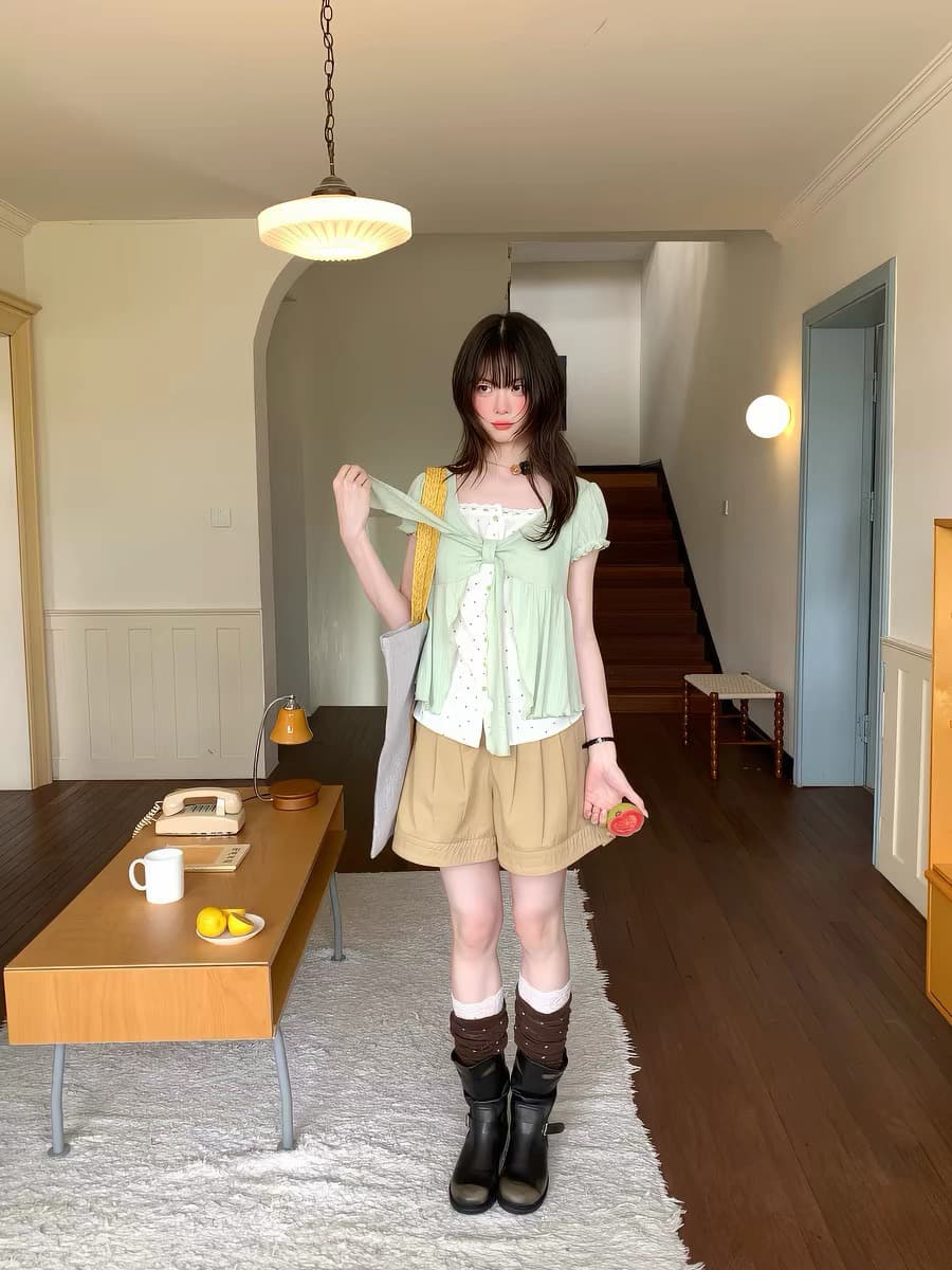 다우 시시 주간 모 콩 그린 바람 일본식 박하 녹색 페이크 레이어드 u 칼라 맨위 여름 가슴 부서 나비 매듭 세트 상세 이미지 3