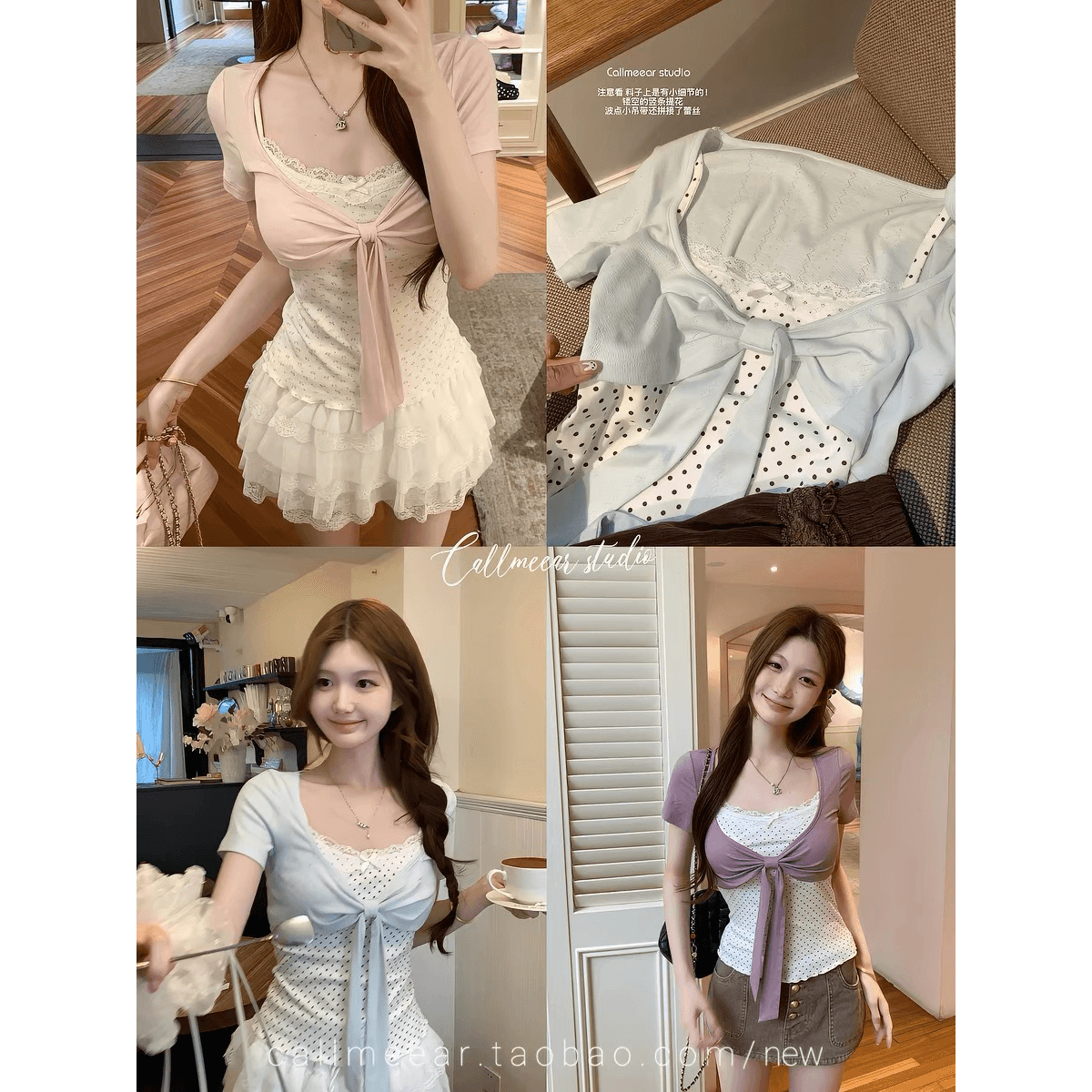 callmeear 배색 나비 매듭 티셔츠 패치워크 디자인 센스 페이크 레이어드 u 칼라 반팔 맨위 여성 여름 이미지 5