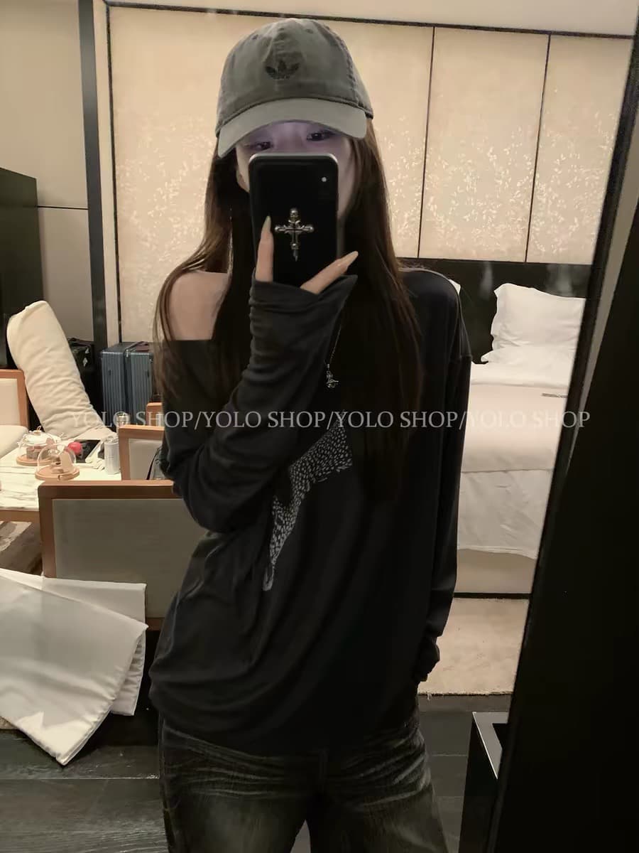 yolo shop 와 성별 사냥꾼 주간 실크 인쇄 花船 칼라 둘 착용 긴팔 니트 티셔츠 여성 여름 다용도 반팔 상세 이미지 2