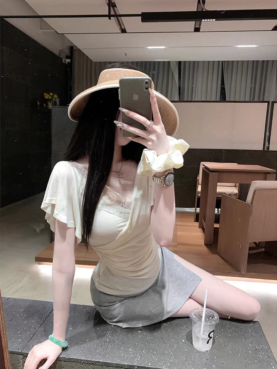 우아한 조 부드러운 구름 측면 여름 새로운 반팔 티셔츠 주간 실크 아세트산 뽕나무 누에 실크 V넥 레이스 레이스 맨위 여성 이미지 2