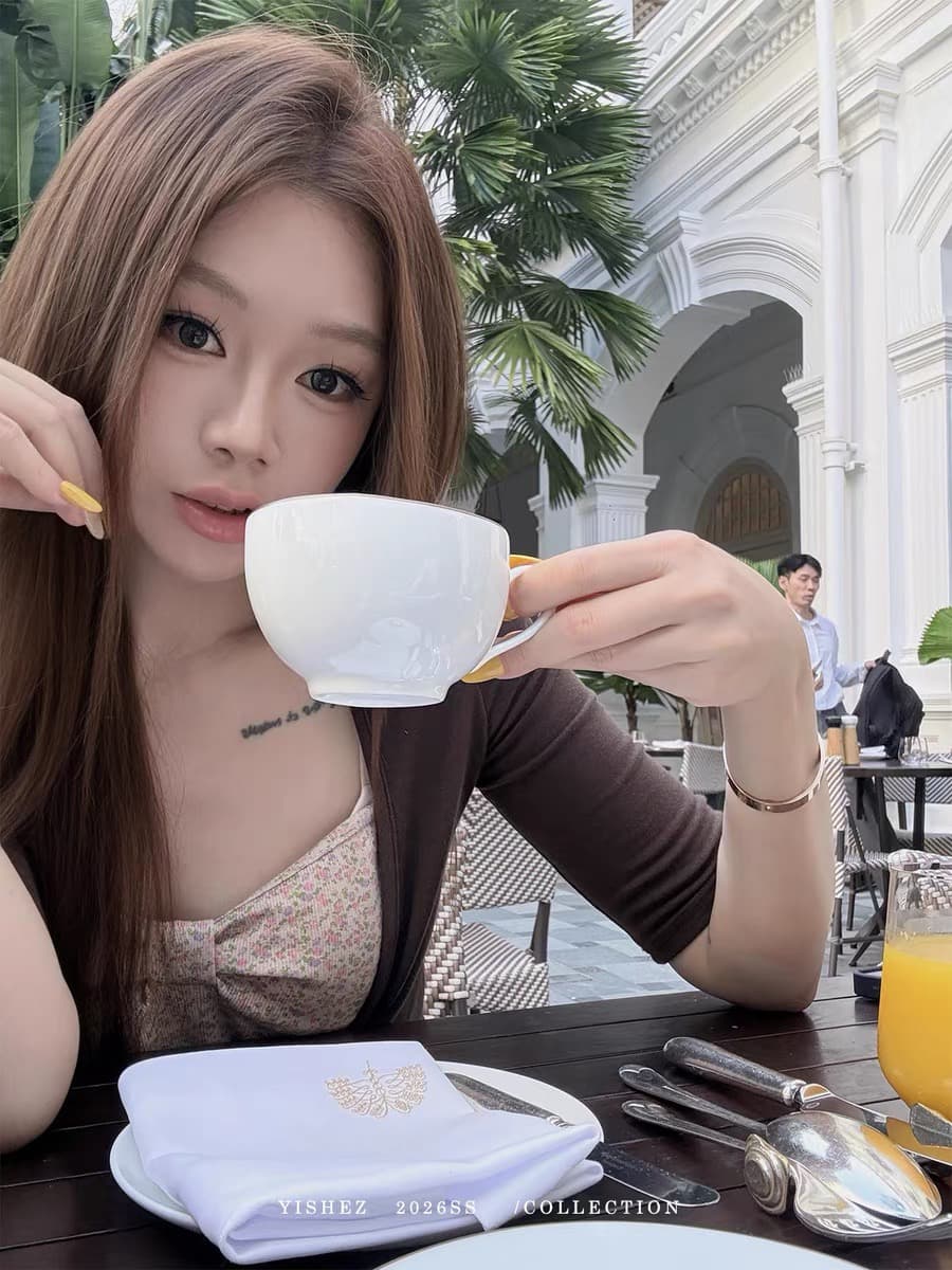 yishez 엄마 De 린 꽃 분말 보라색 V넥 캐미솔 작은 꽃무늬 맨위 중간 소매 카디건 코트 상세 이미지 2