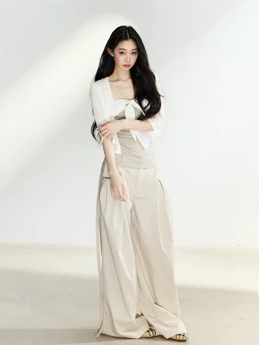 7shiftin 오리지널 디자인 더블 색상 스트라이프 나비 매듭 튜브탑 다용도 미니멀리즘 오픈 가디건 캐주얼 루즈핏 세트 이미지 2