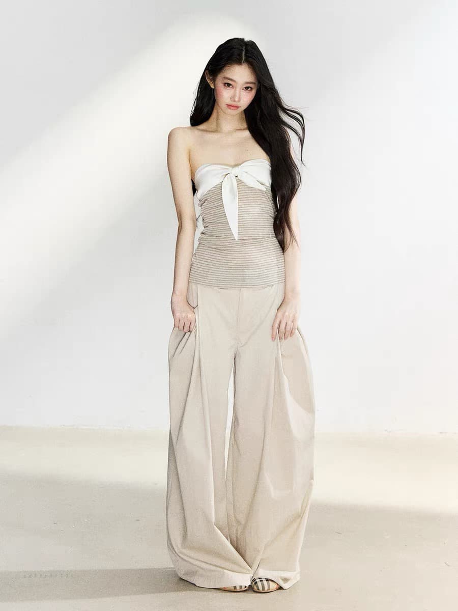7shiftin 오리지널 디자인 더블 색상 스트라이프 나비 매듭 튜브탑 다용도 미니멀리즘 오픈 가디건 캐주얼 루즈핏 세트 이미지 4