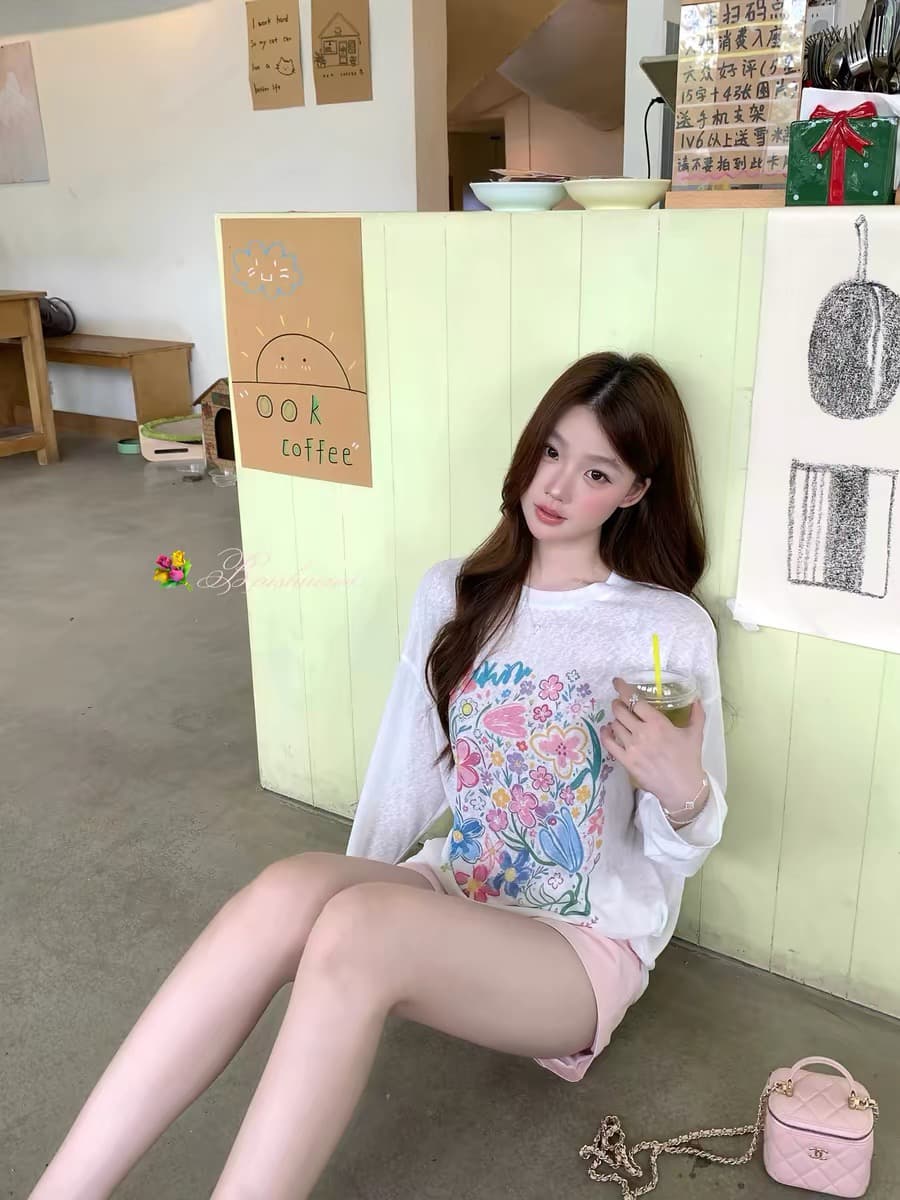 화이트 워터 여성 모네 정원 질감 센스 인쇄 꽃이 떨어지는 어깨 티셔츠 여성 여름 한 부서 느긋한 달콤함 슬림해 보이는 맨위 상세 이미지 5