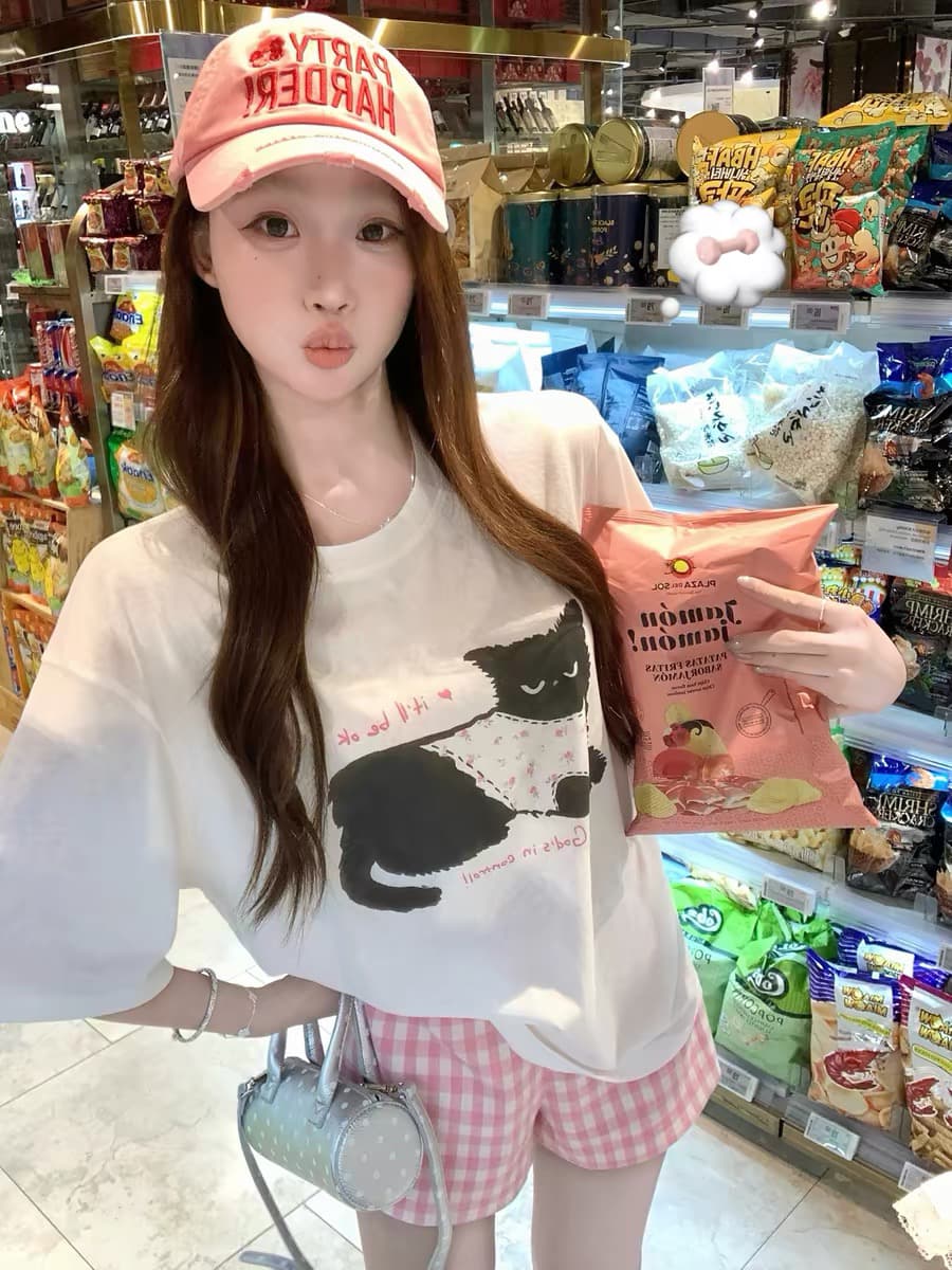 화이트 워터 여성 야옹 야옹 일기 고양이 프린트 라운드 넥 티셔츠 여성 여름 한 부서 귀여운 루즈핏 느긋한 센스 맨위 상세 이미지 1