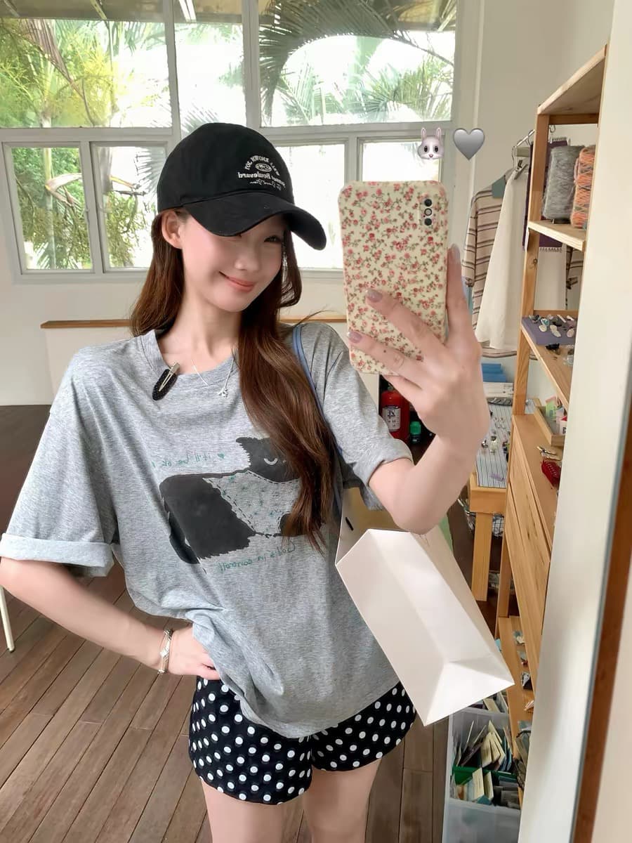 화이트 워터 여성 야옹 야옹 일기 고양이 프린트 라운드 넥 티셔츠 여성 여름 한 부서 귀여운 루즈핏 느긋한 센스 맨위 상세 이미지 4