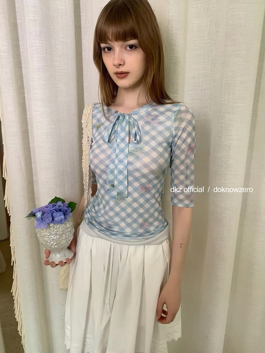 dkz 파란색 망사 페이크 레이어드 티셔츠 여성 몸매 가꾸기 레트로 체크무늬 프린트 맨위 이미지 4