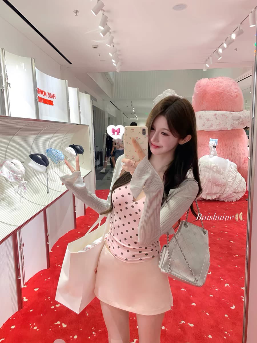 화이트 워터 여성 黛 리 미스 V넥 도트 무늬 캐미솔 여름 질감 오픈 가디건 낭만적 인 기질 순수한 욕망 맨위 상세 이미지 4