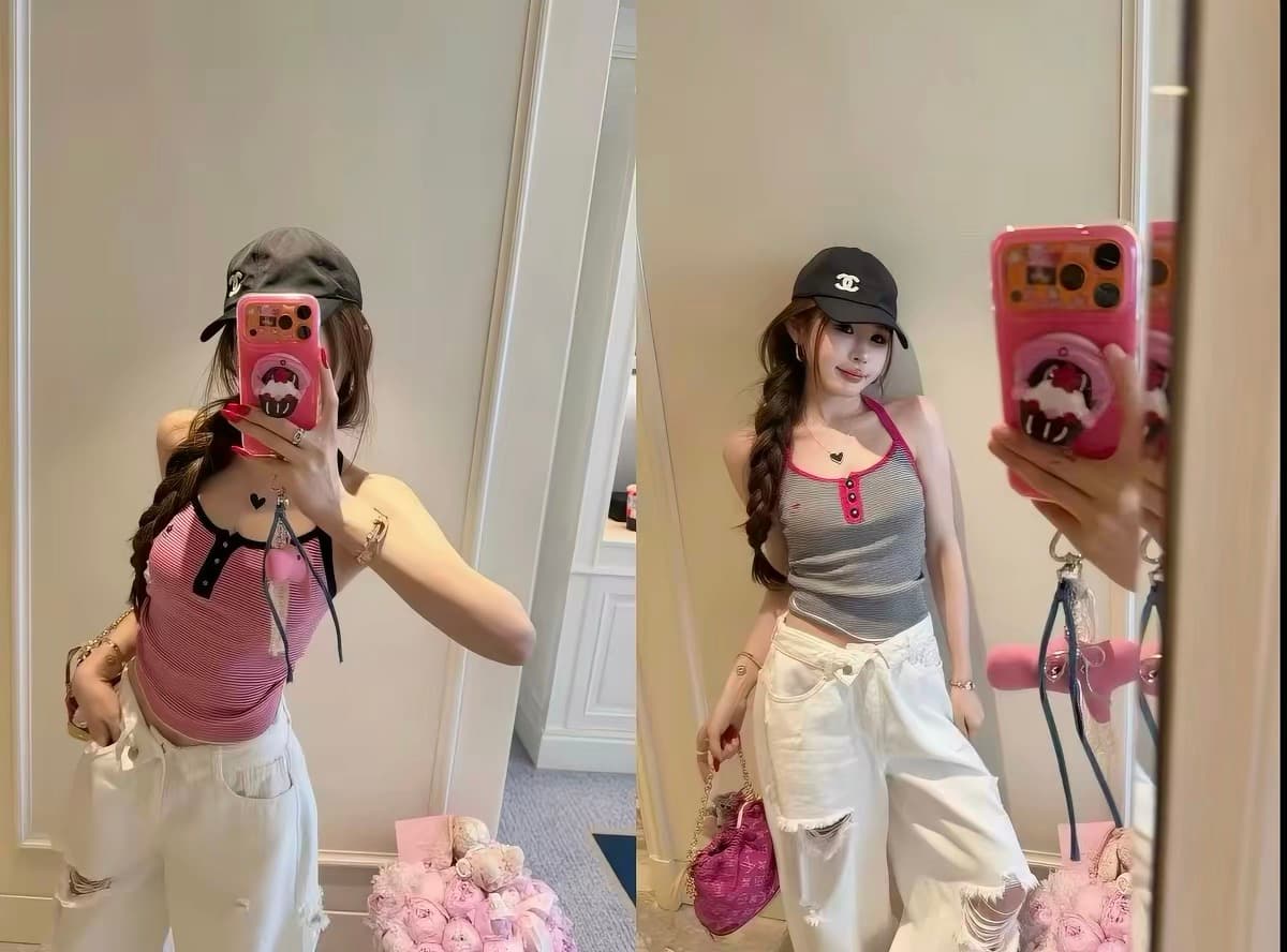 분말 블랙 동화 장미 베르 미첼 리 행침 목 얼음 실크 조끼 블랙 흰색 스트립 행침 목 얼음 실크 조끼 트렌디 ins