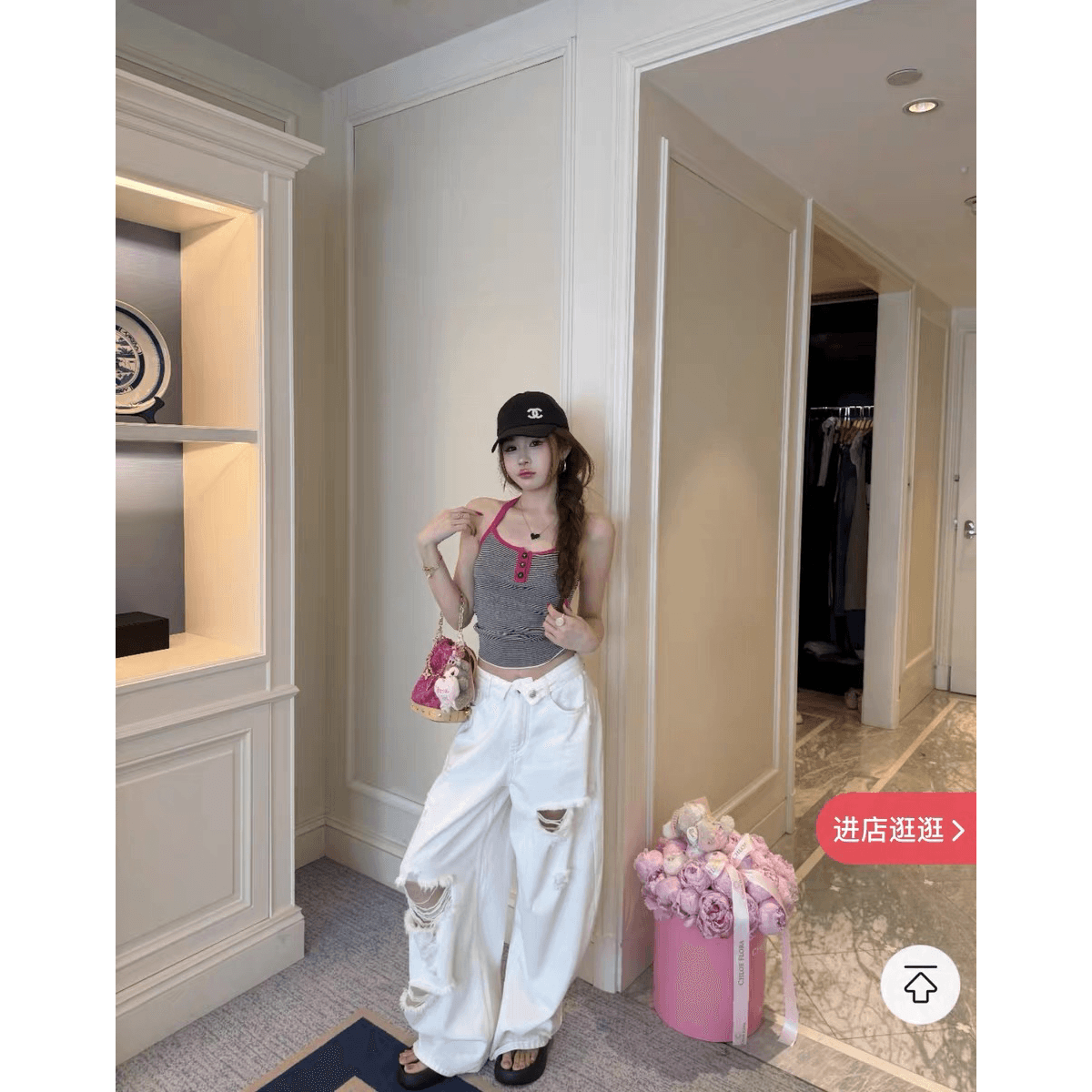분말 블랙 동화 장미 베르 미첼 리 행침 목 얼음 실크 조끼 블랙 흰색 스트립 행침 목 얼음 실크 조끼 트렌디 ins 이미지 5