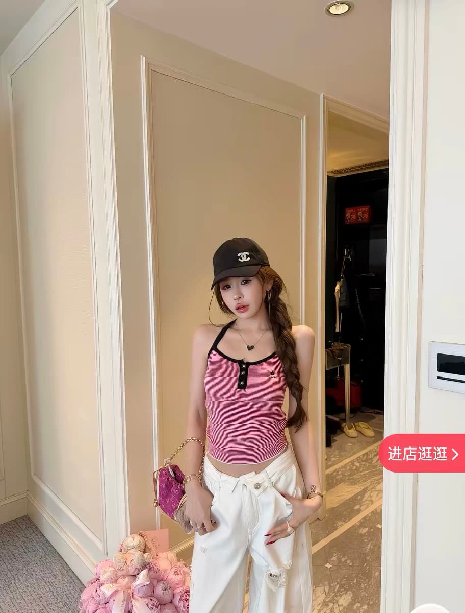 분말 블랙 동화 장미 베르 미첼 리 행침 목 얼음 실크 조끼 블랙 흰색 스트립 행침 목 얼음 실크 조끼 트렌디 ins 상세 이미지 2
