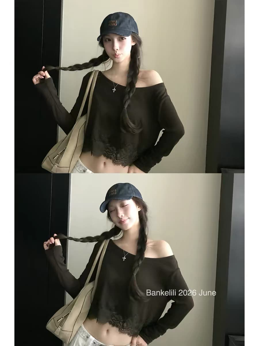 밤나무 코코아 bankelili Jiao 욕망 그리드 새싹 m1u 부서 레이스 조각 긴팔 티셔츠 여성 얇은 스타일 자외선 차단 여성 이미지 2