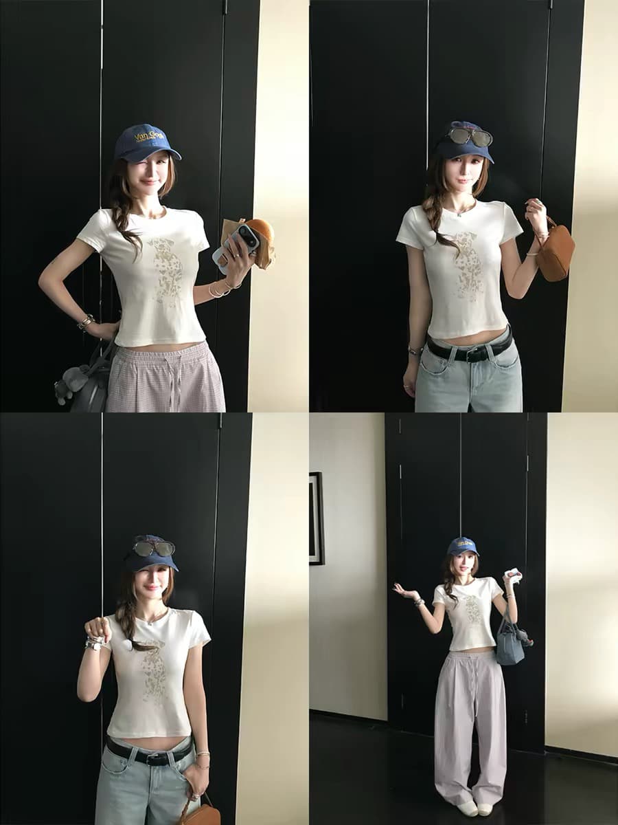 puppy 스팟 강아지 t 높음 제품 대나무 마디 면 린넨 얇은 부드러운 통기성 긍정적 인 어깨 라운드 넥 날다 소매 마 오래된 프린트 티셔츠 이미지 4