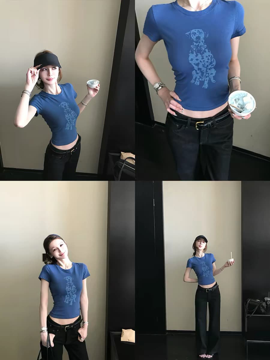 puppy 스팟 강아지 t 높음 제품 대나무 마디 면 린넨 얇은 부드러운 통기성 긍정적 인 어깨 라운드 넥 날다 소매 마 오래된 프린트 티셔츠 상세 이미지 3