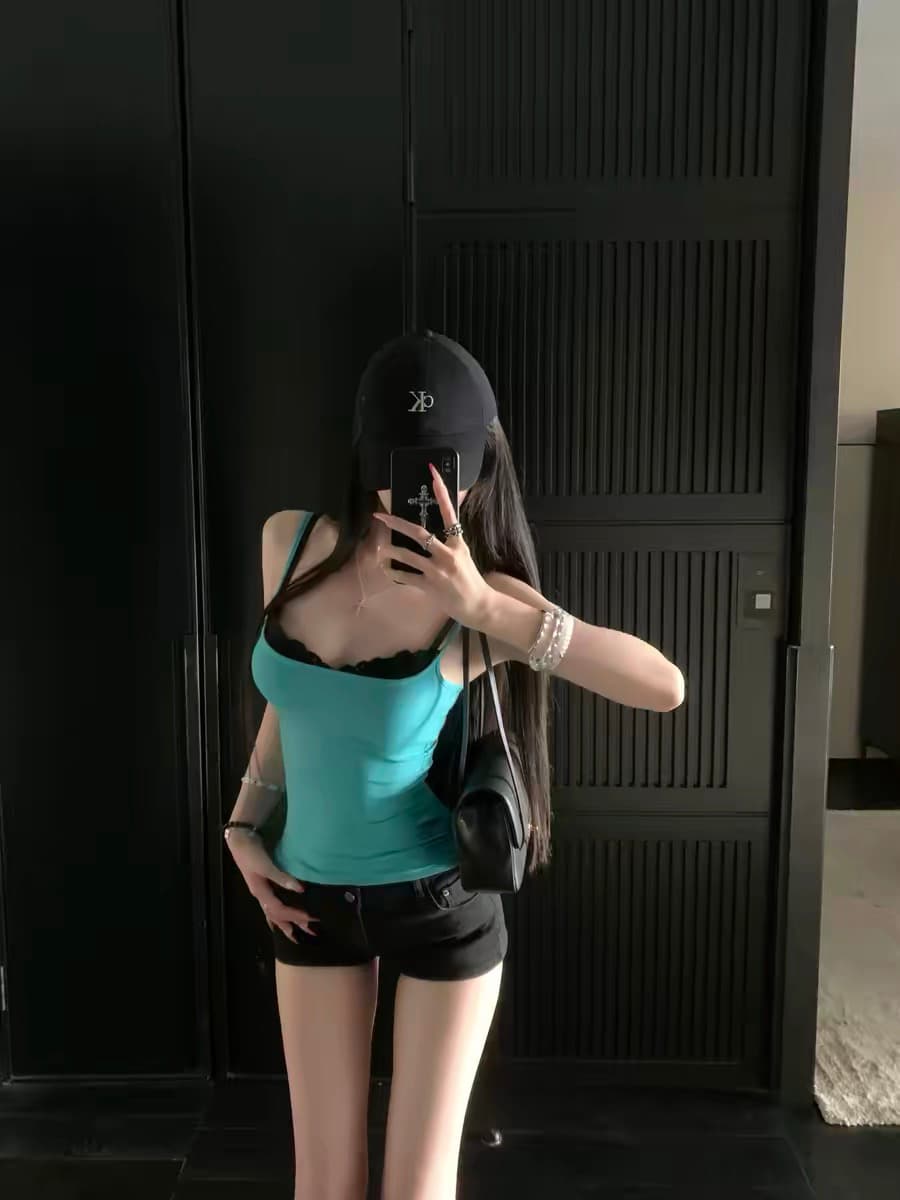 021ope 선택하지 마라. 가죽 자이언트 디스플레이 화이트 레이스 측면 소나무 스톤 그린 허리 수축 슬림해 보이는 슬립 핫걸 몸매 가꾸기 조끼 상세 이미지 5