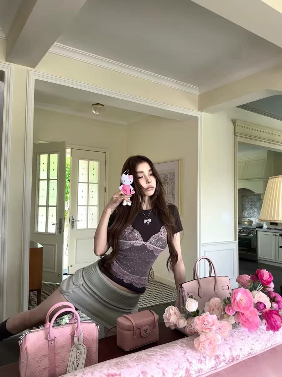 fallinfang 광장 약간의 6 29 켜기 새로운 심장 사냥꾼 긍정적 인 어깨 몸매 가꾸기 페이크 레이어드 레이스 티셔츠