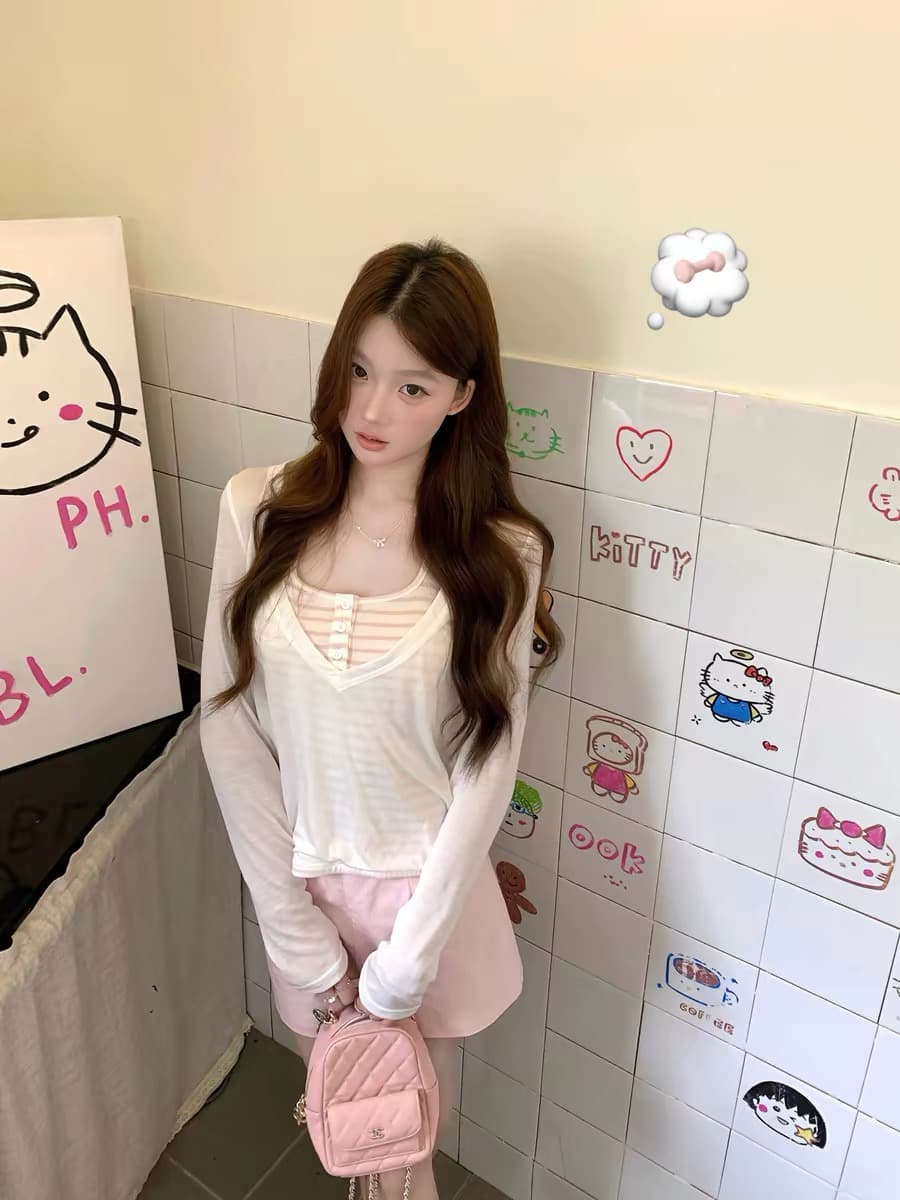 화이트 워터 여성 한 여성 일상 라이 경기 서울 페이크 레이어드 긴팔 티셔츠 여성 여름 부드러운 분위기 센스 맨위 상세 이미지 1
