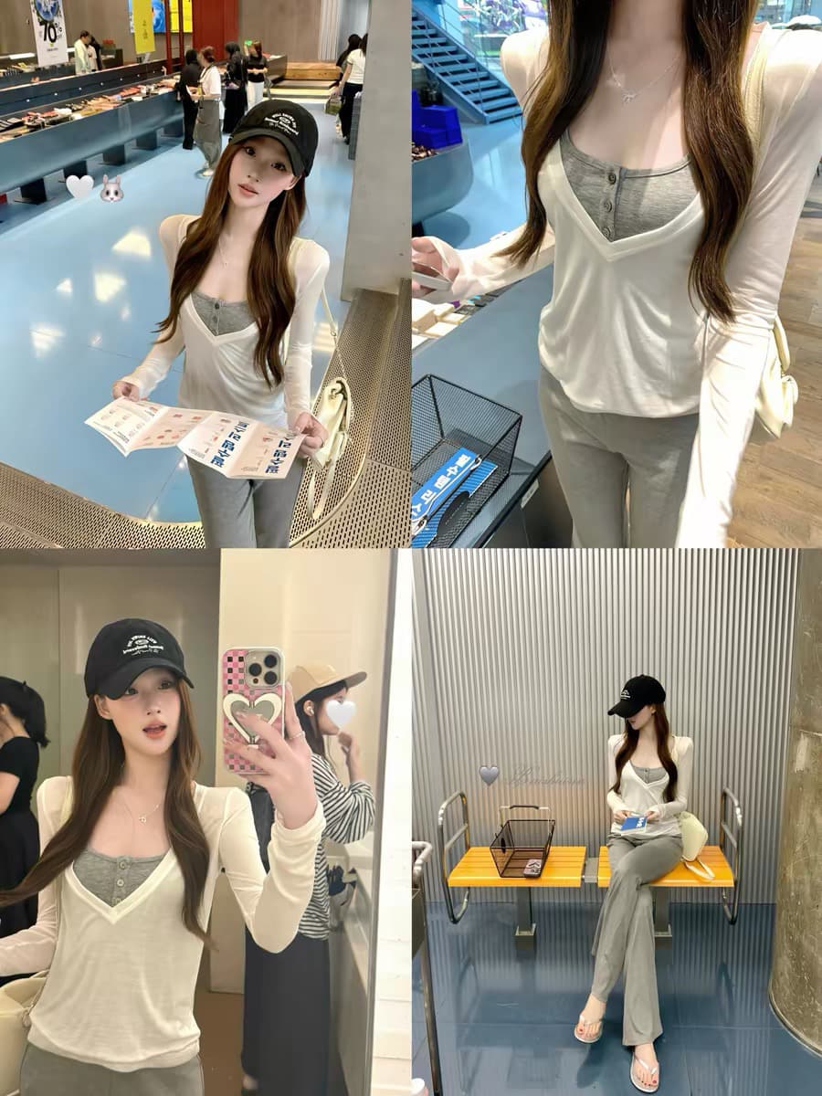 화이트 워터 여성 한 여성 일상 라이 경기 서울 페이크 레이어드 긴팔 티셔츠 여성 여름 부드러운 분위기 센스 맨위 상세 이미지 3