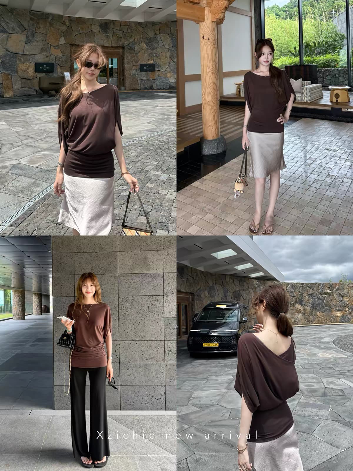 xzichic 루즈핏 오프숄더 비스듬한 어깨 배트윙 소매 티셔츠 여성 여름 새로운 세련된 슬림해 보이는 맨위 이미지 4