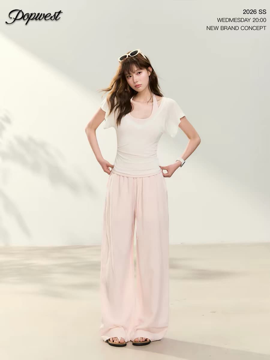 popwest 오리지널 몸매 가꾸기 행침 목 조끼 사실 두 조각 대 u 칼라 긍정적 인 어깨 반팔 티셔츠 맨위 여성 상세 이미지 3