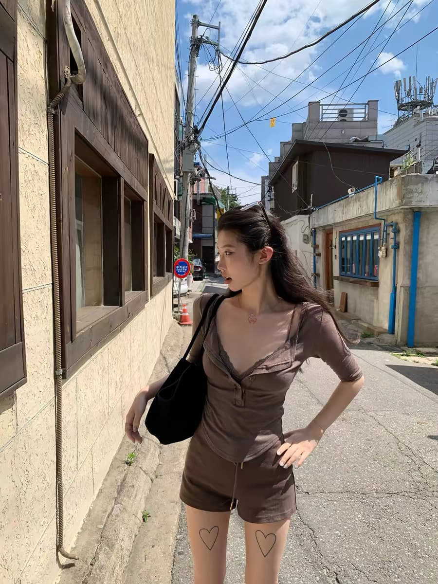 sheepland 욕망 숨겨진 심장 기계 주간 실크 양모 헨리 칼라 반소매 티셔츠 레이스 슬립 속옷 두 조각 여성 세트 이미지 2