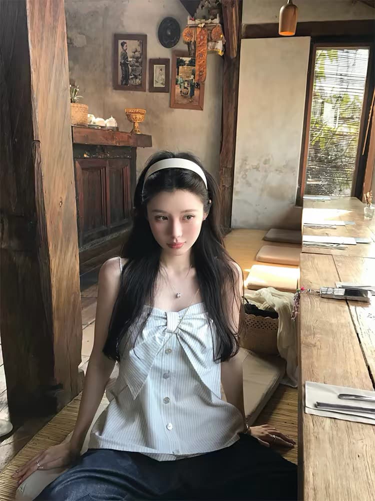 vasse 아름다움 게 신선함 나비 매듭 리넨 면화 스트라이프 슬립 여성 여름 분위기 센스 통기성 슬림해 보이는 맨위
