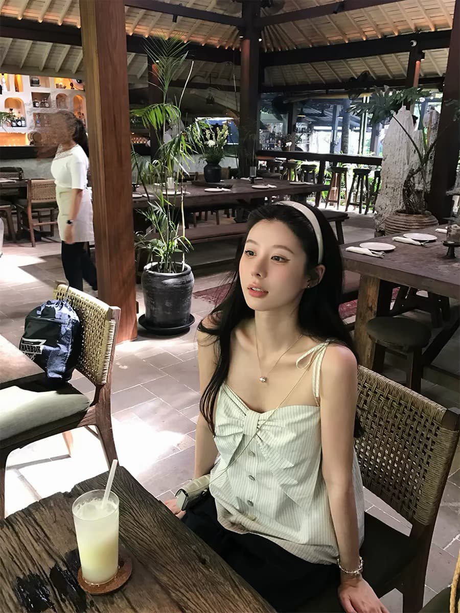 vasse 아름다움 게 신선함 나비 매듭 리넨 면화 스트라이프 슬립 여성 여름 분위기 센스 통기성 슬림해 보이는 맨위 이미지 2