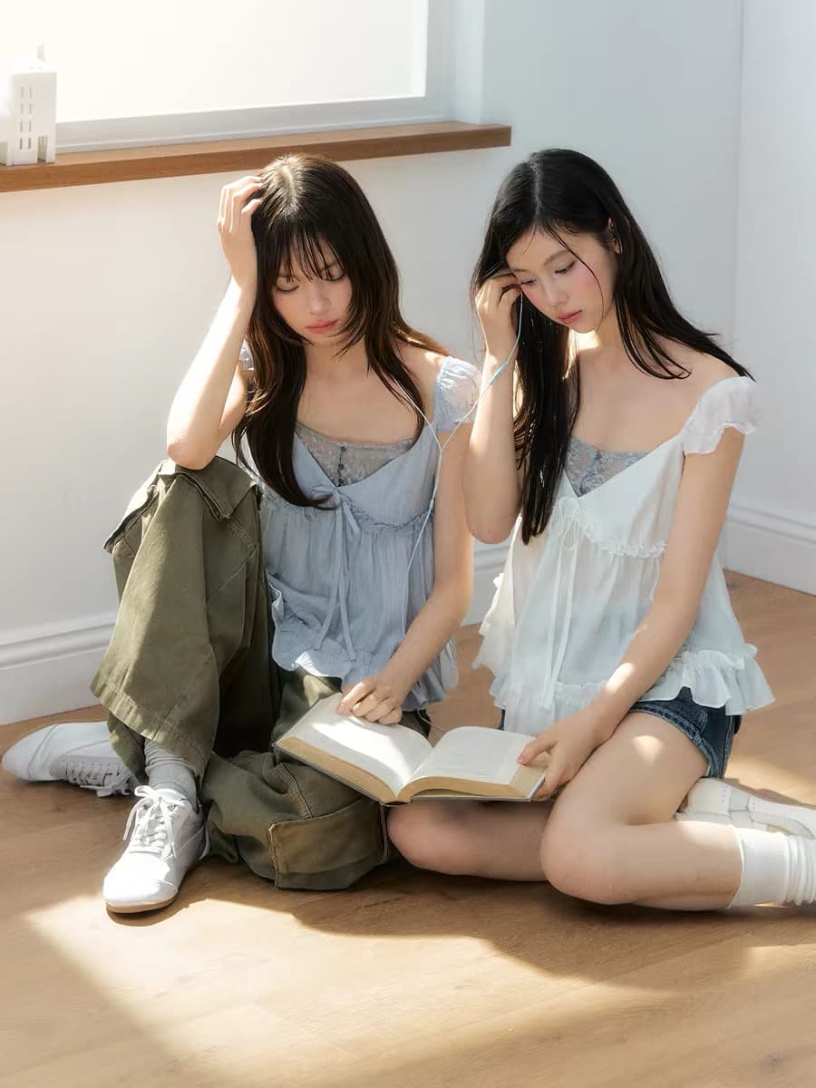 soote season 오리지널 한 부서 페이크 레이어드 프릴 레이스 조각 몸매 가꾸기 인형 셔츠 티셔츠 맨위 여성 상세 이미지 6