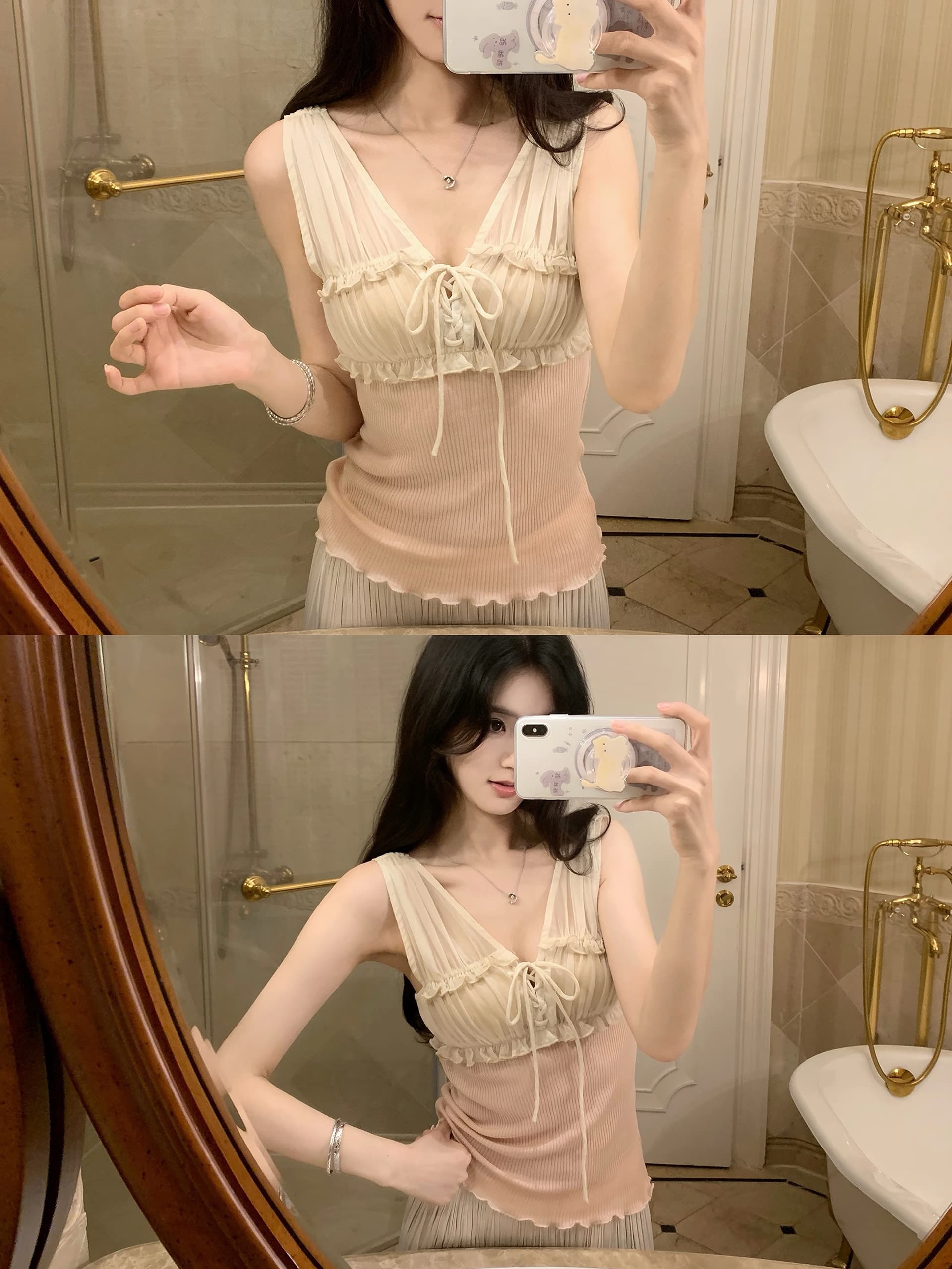 famouswang 여름 낭만주의 중년 센스 레트로 프랑스식 하프 ~을 통해 패치워크 보다 작은 서울 니트 캐미솔