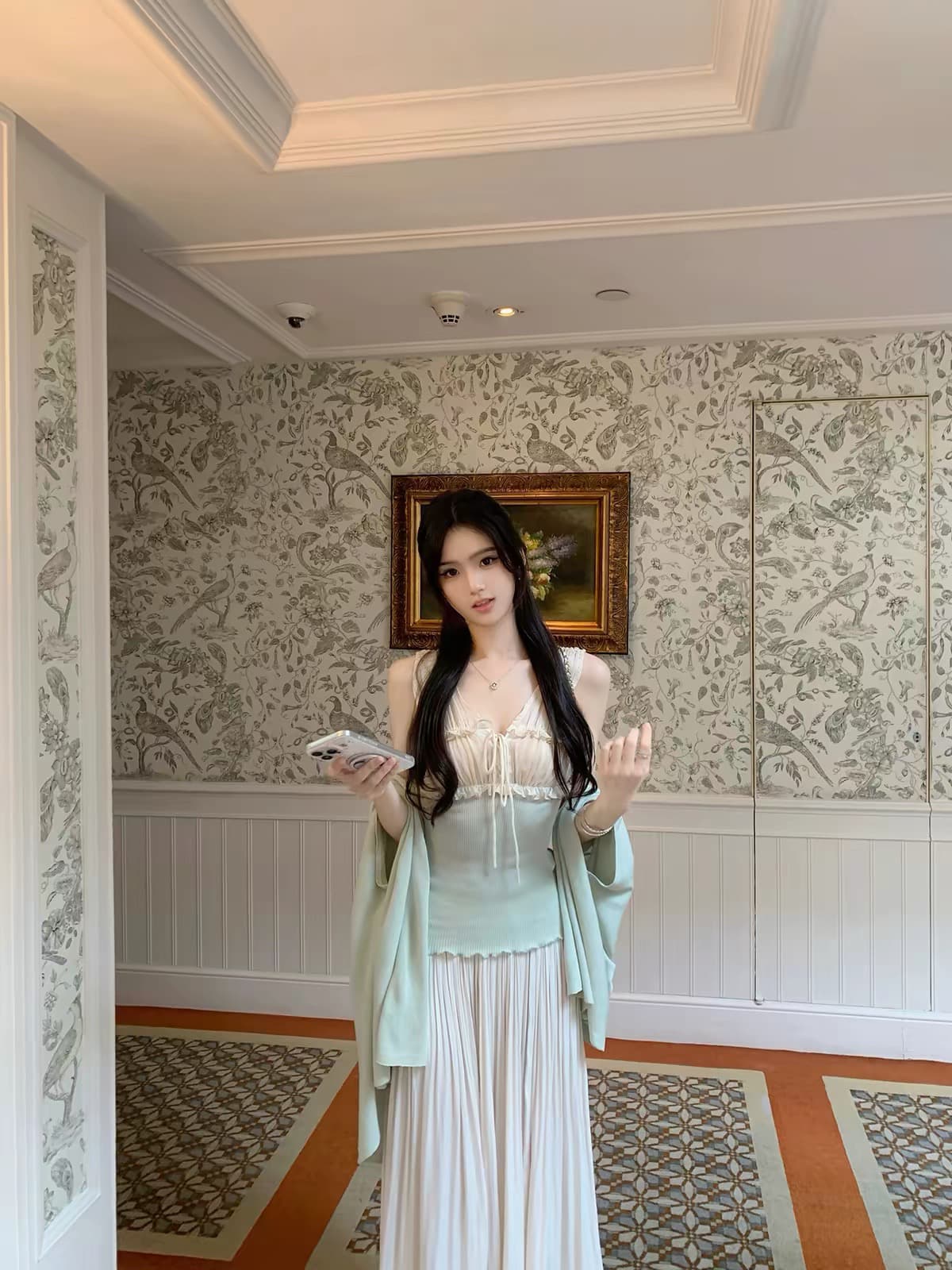 famouswang 여름 낭만주의 중년 센스 레트로 프랑스식 하프 ~을 통해 패치워크 보다 작은 서울 니트 캐미솔 이미지 2