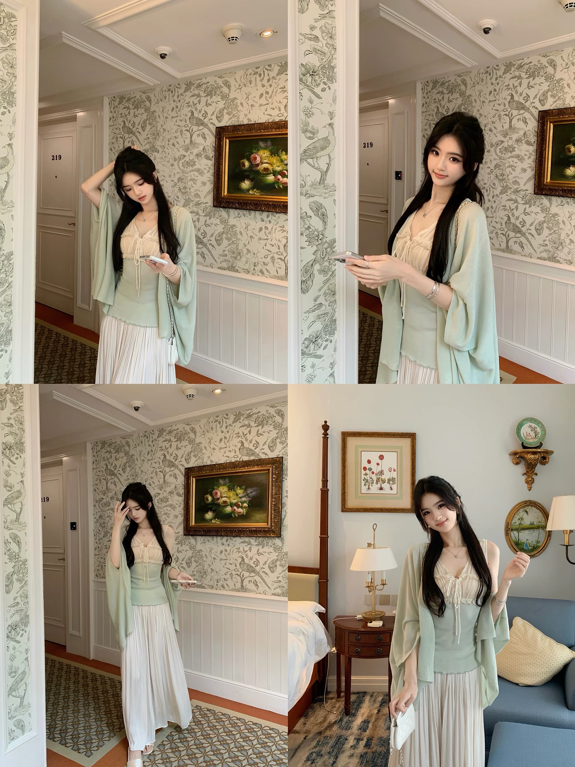 famouswang 여름 낭만주의 중년 센스 레트로 프랑스식 하프 ~을 통해 패치워크 보다 작은 서울 니트 캐미솔 이미지 3