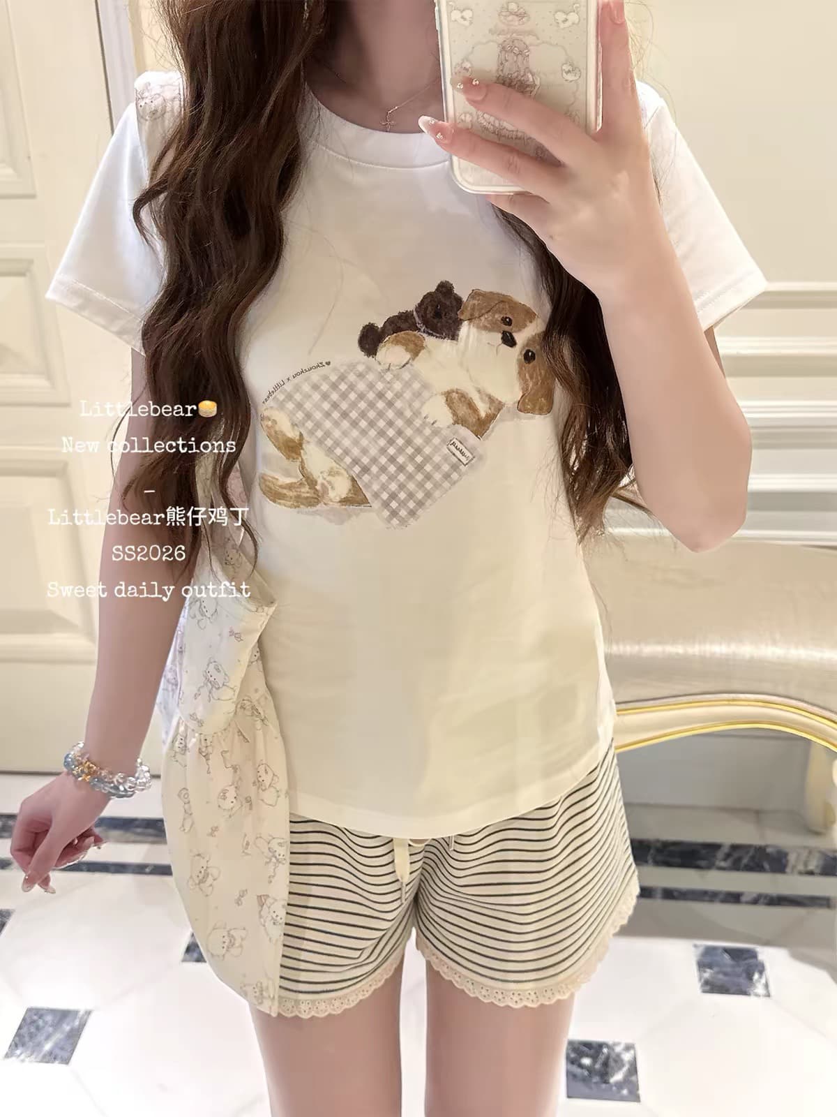 곰 애버딘 깍둑썰기한 치킨 베이비 수리 개 여름 귀여운 오리지널 수채화 강아지 프린트 라운드 넥 순면 반팔 티셔츠 상세 이미지 2